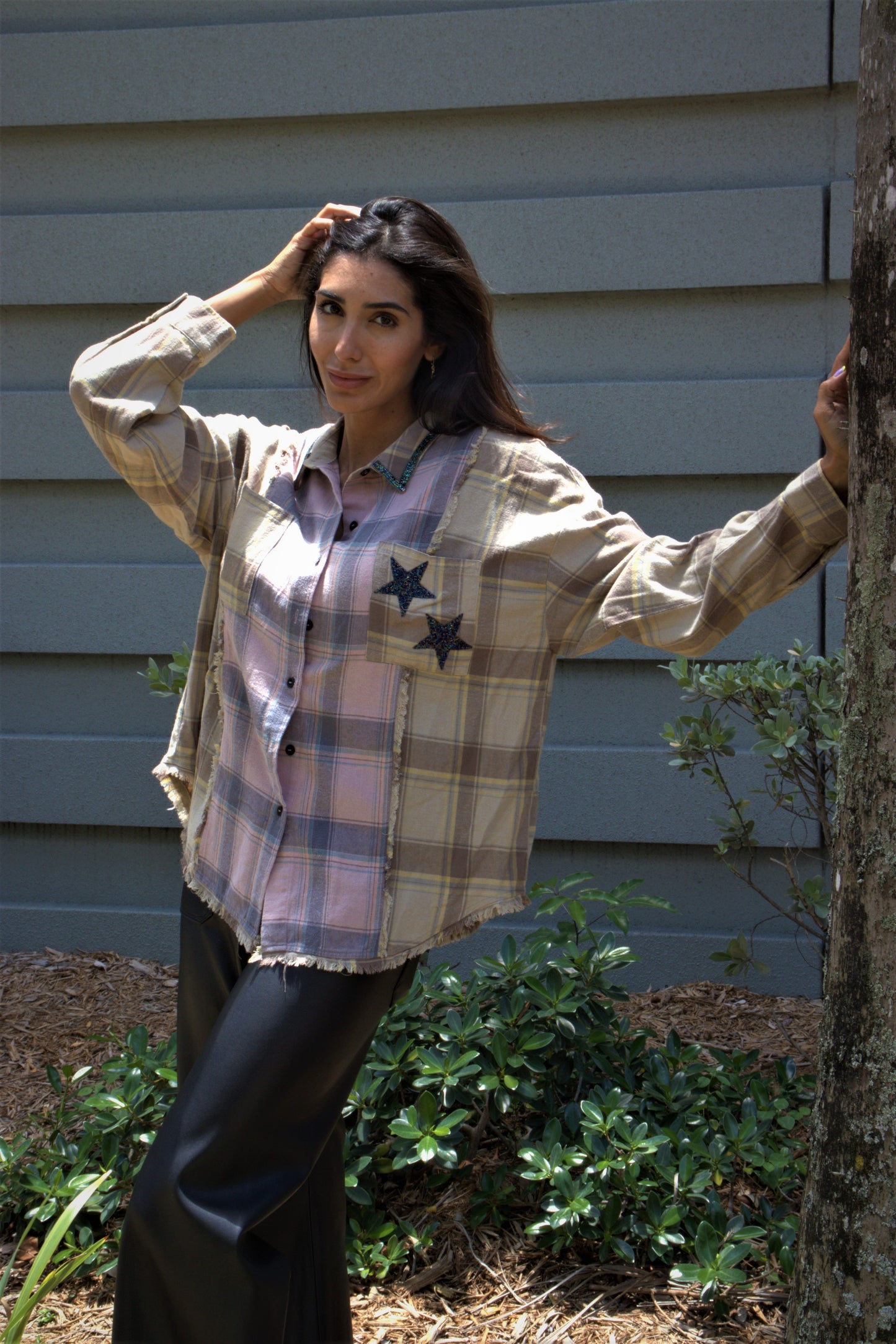 Shirt, Flannel, Black Stars