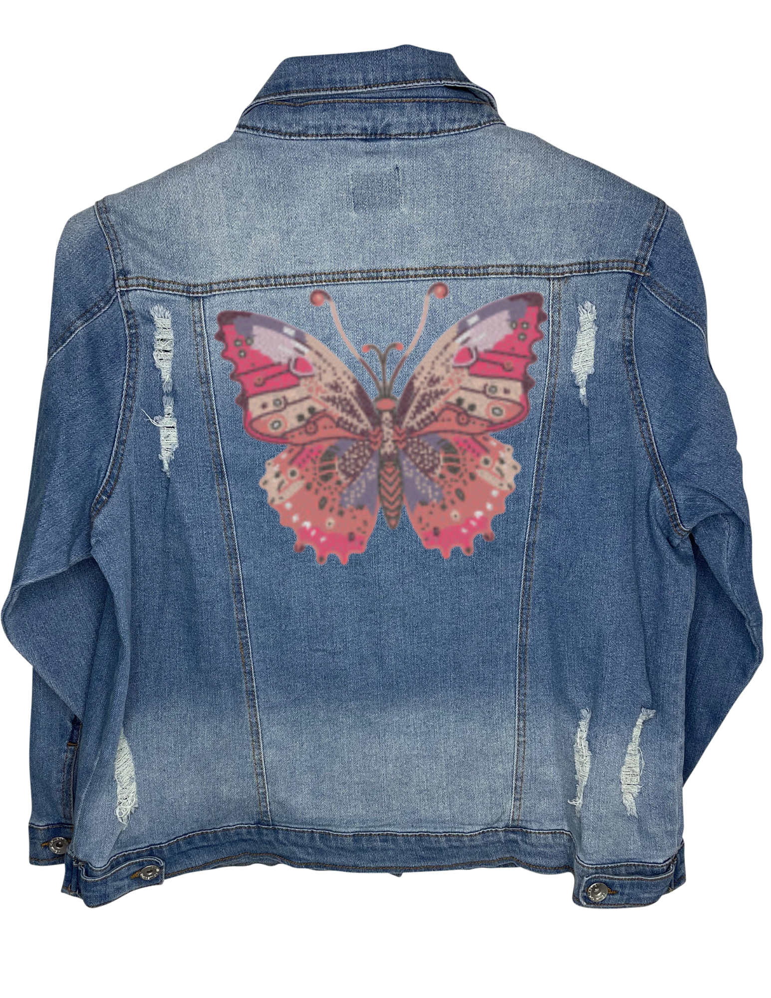 Jacket, Blue Denim Extended Size, Stretchy Distressed, Butterfly