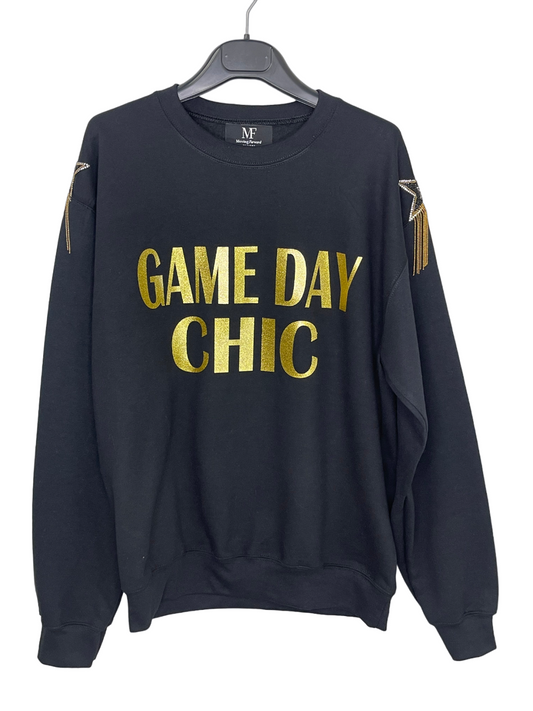 Game Day Sweatshirt, Crewneck Black, Game Day Chic w/ Fringe Stars