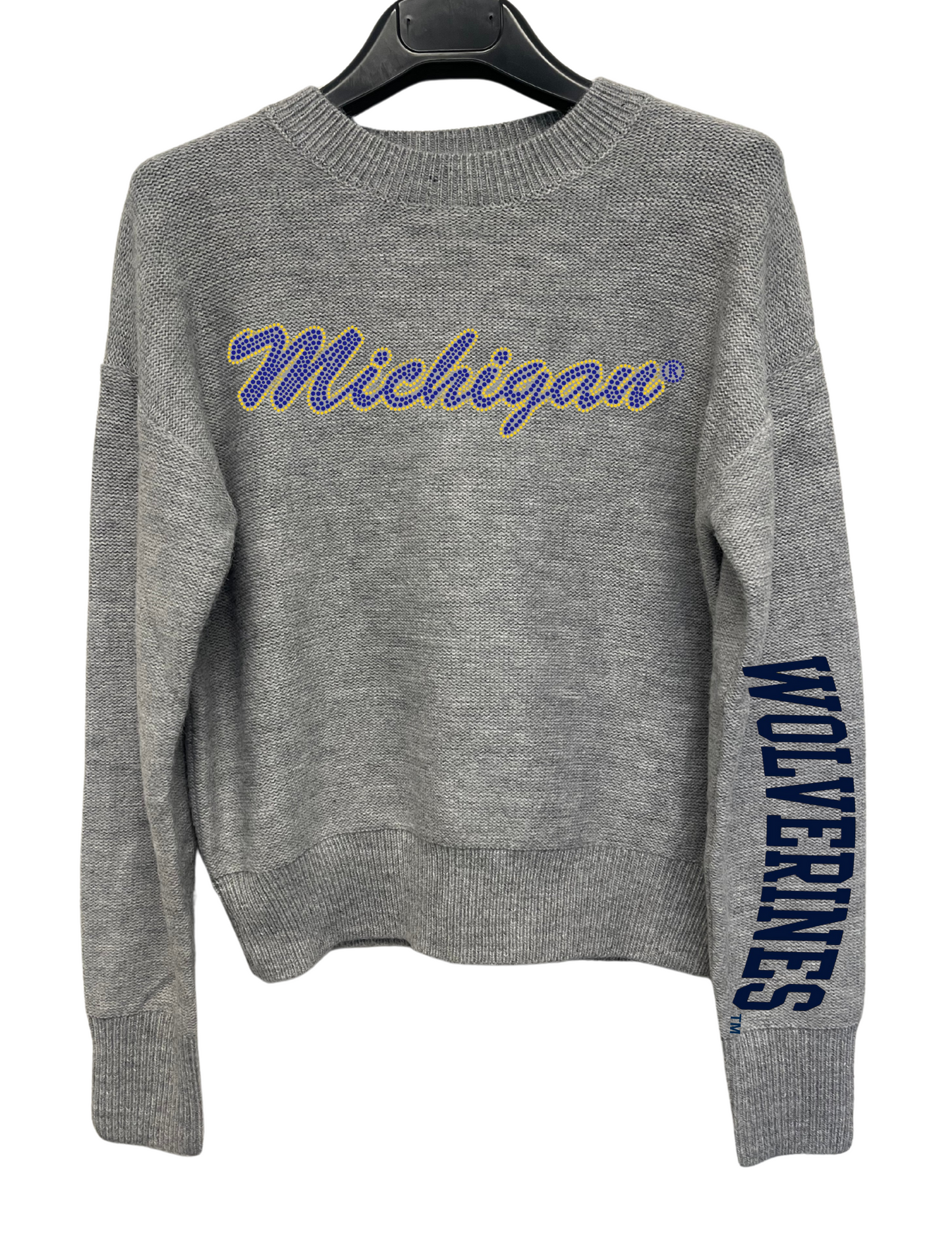 Licensed Game Day Sweater, Crewneck Grey, University of Michigan Script Wolverines