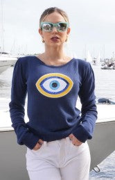 Sweater, Crewneck Navy, Evil Eye Blue/Yellow