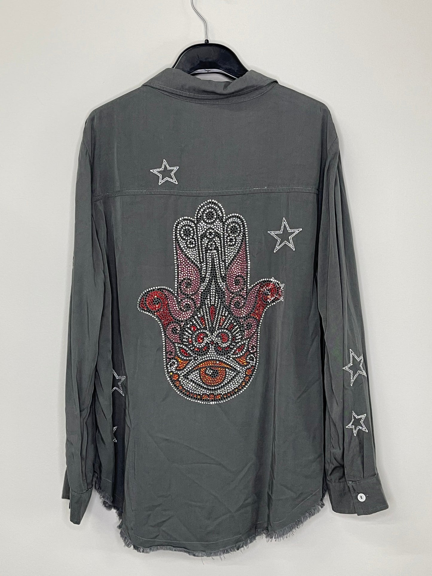 Shirt, Embroidered Star Gray, Pink/Orange Hamsa