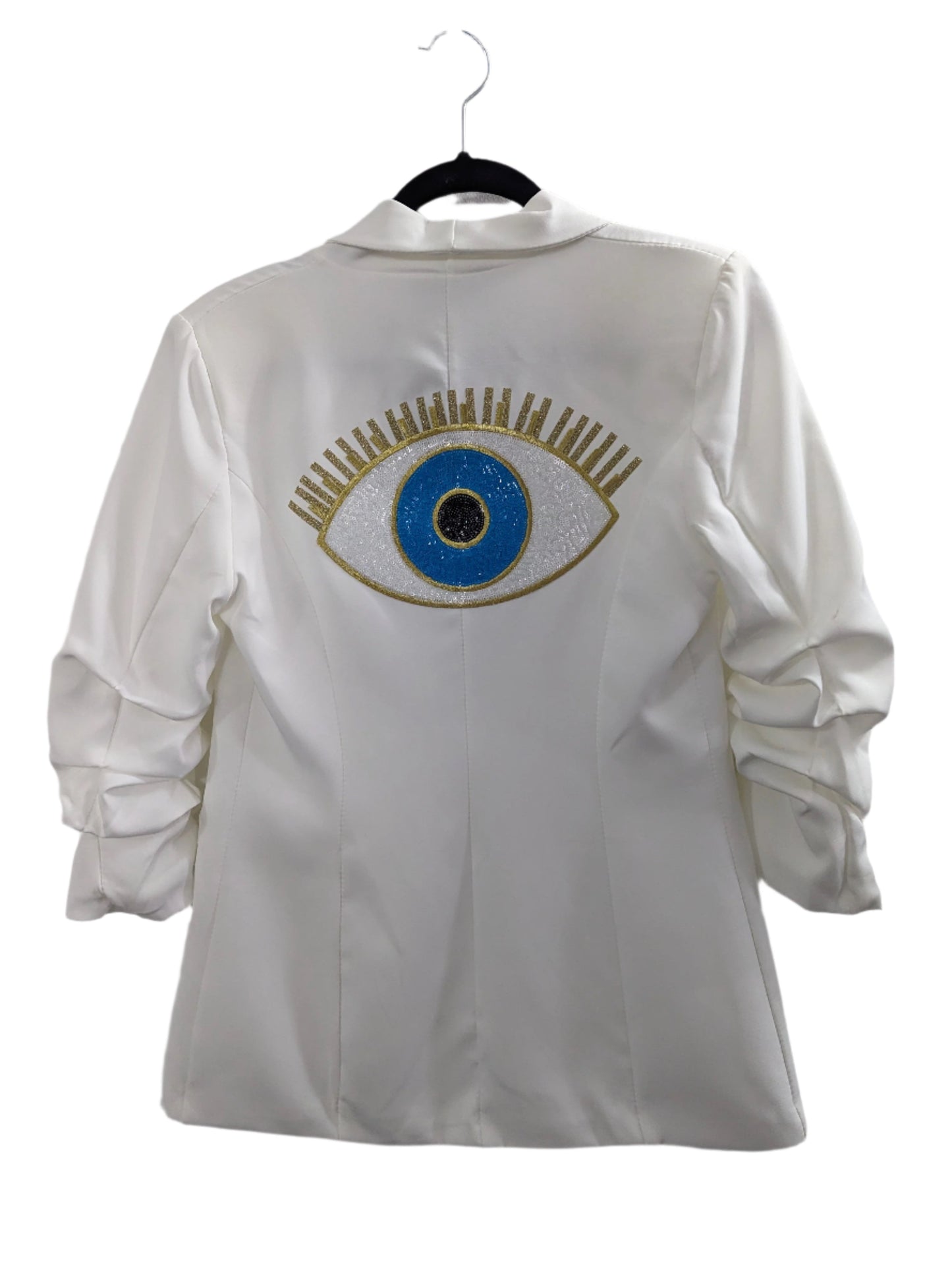 Blazer, Ruched White, Evil Eye Gold Lash Turquoise