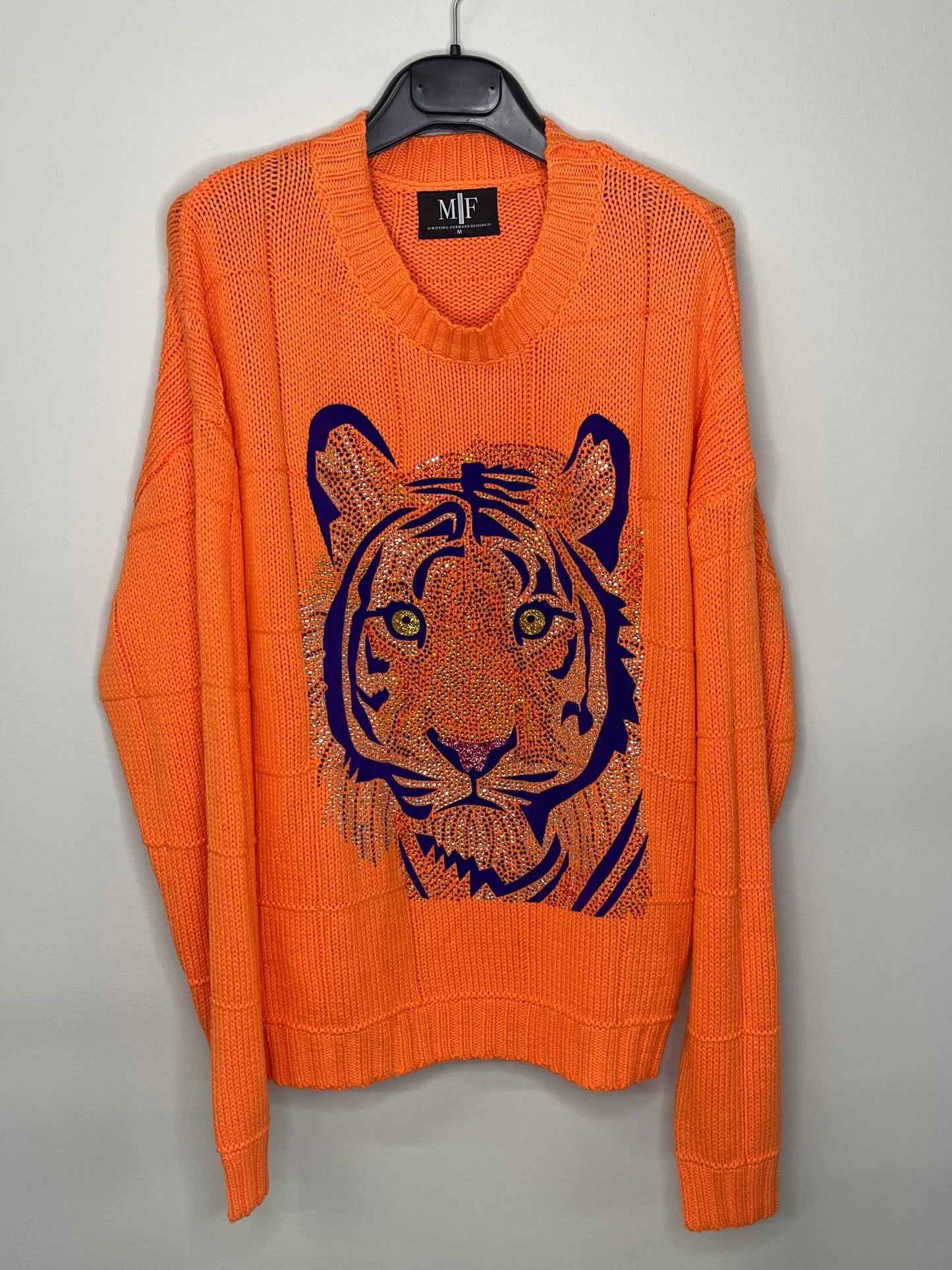 Orange Diamond Stitch Sweater with Purple Tiger Face