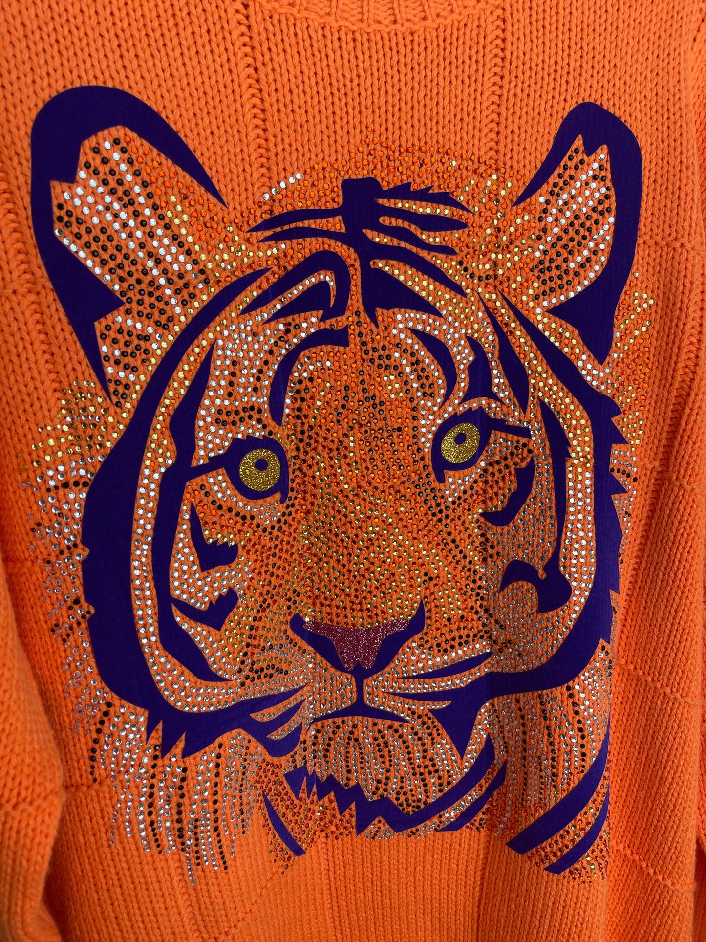 Orange Diamond Stitch Sweater with Purple Tiger Face