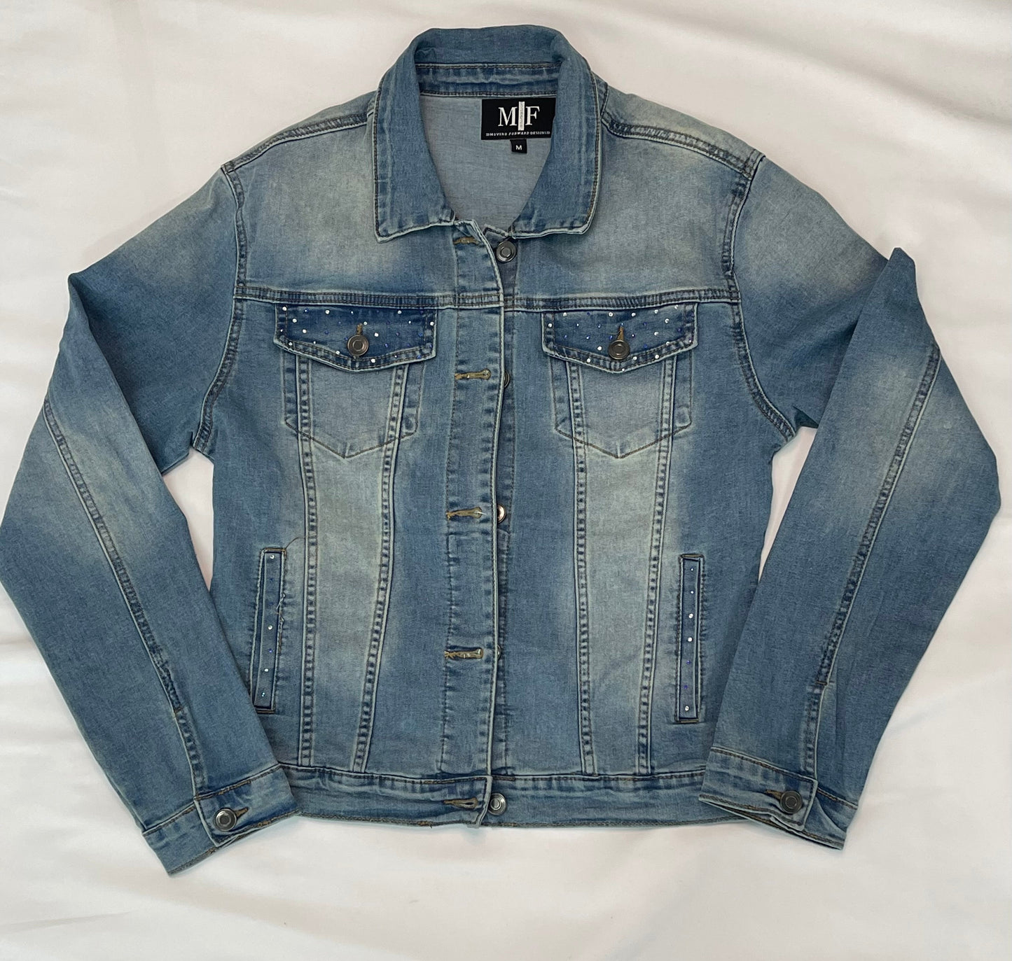 Denim Jacket, Medium Wash Blue, Purple Tiger Face