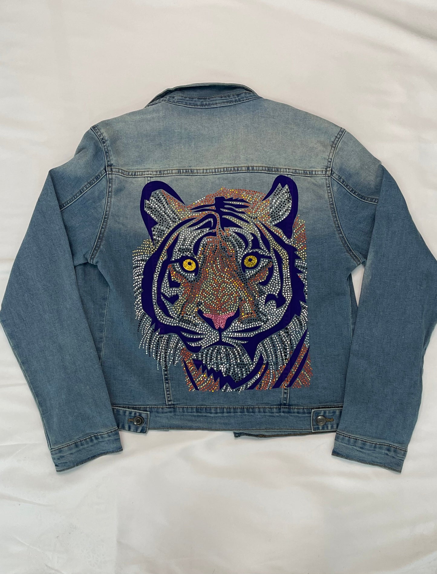 Medium Wash Denim Jacket with Purple Tiger Face & Crystals