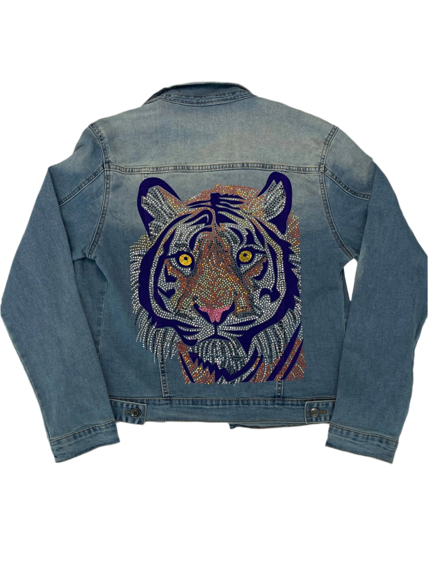 Denim Jacket, Medium Wash Blue, Purple Tiger Face