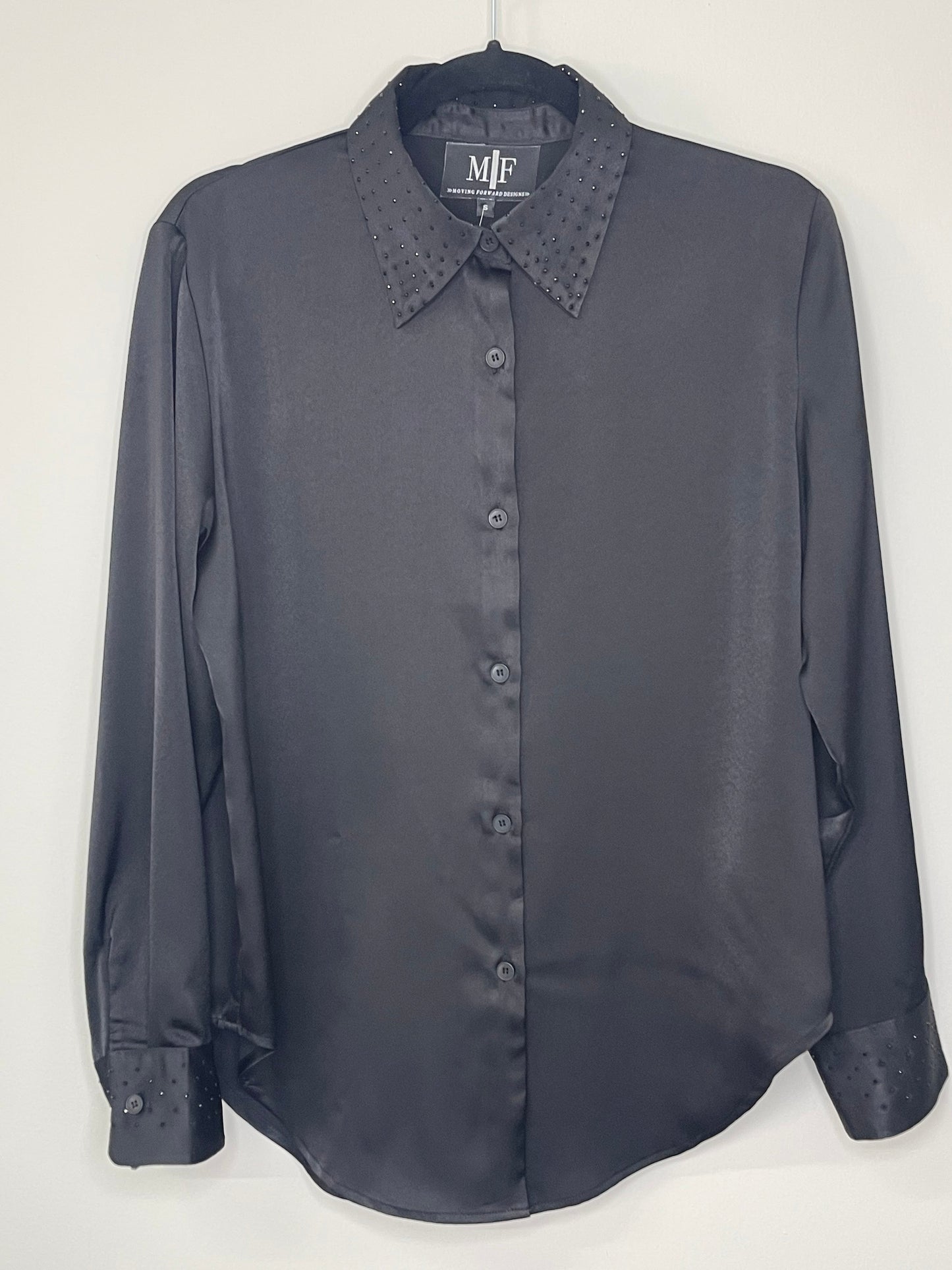 Crystal Smiley Silky Black Button Down Shirt