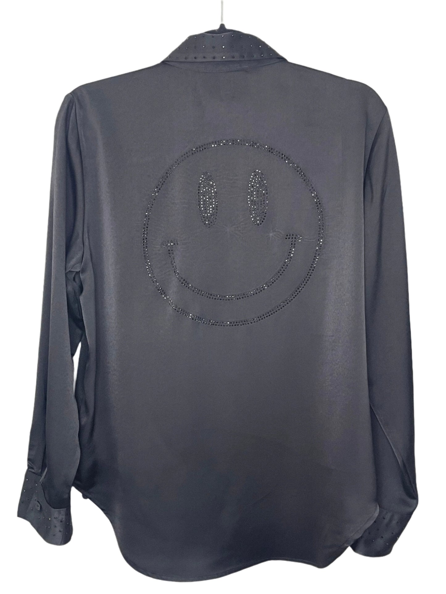 Crystal Smiley Silky Black Button Down Shirt