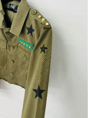 Gold Studs & Star Cropped Green Army Shacket
