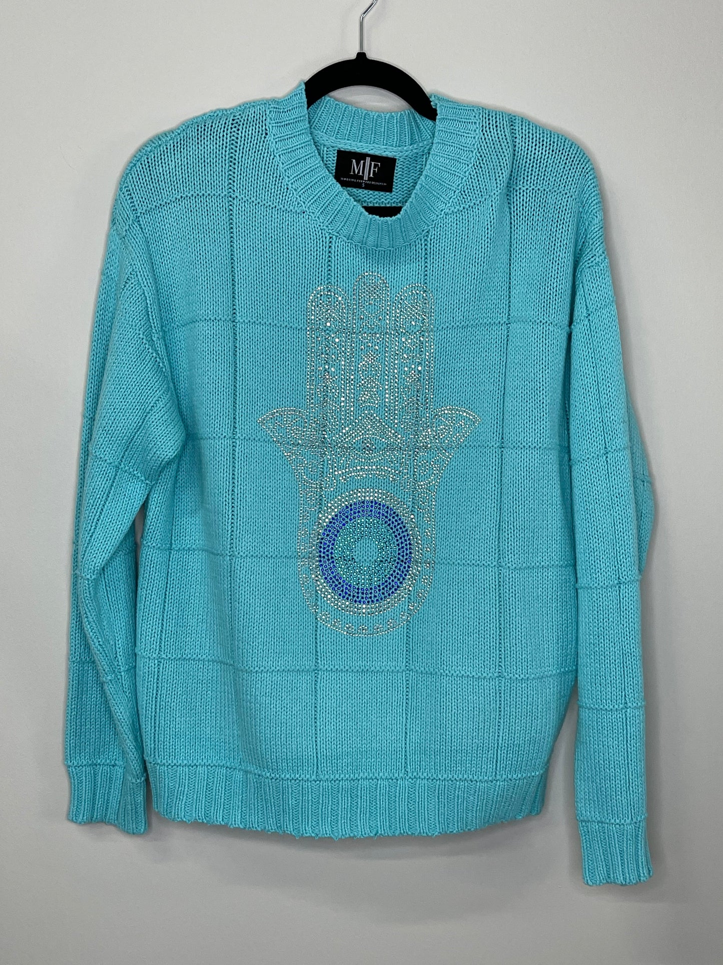 Sample Sky Blue Diamond Stitch Sweater with Silver/Blue Hamsa