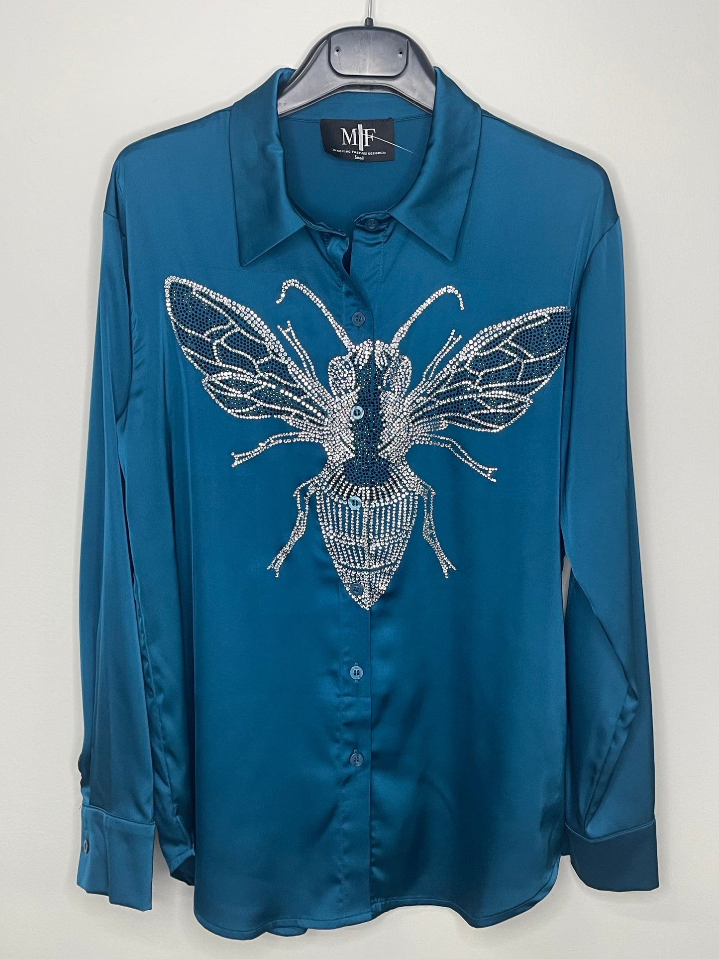 Shirt, Silky Teal, Silver Queen Bee on front