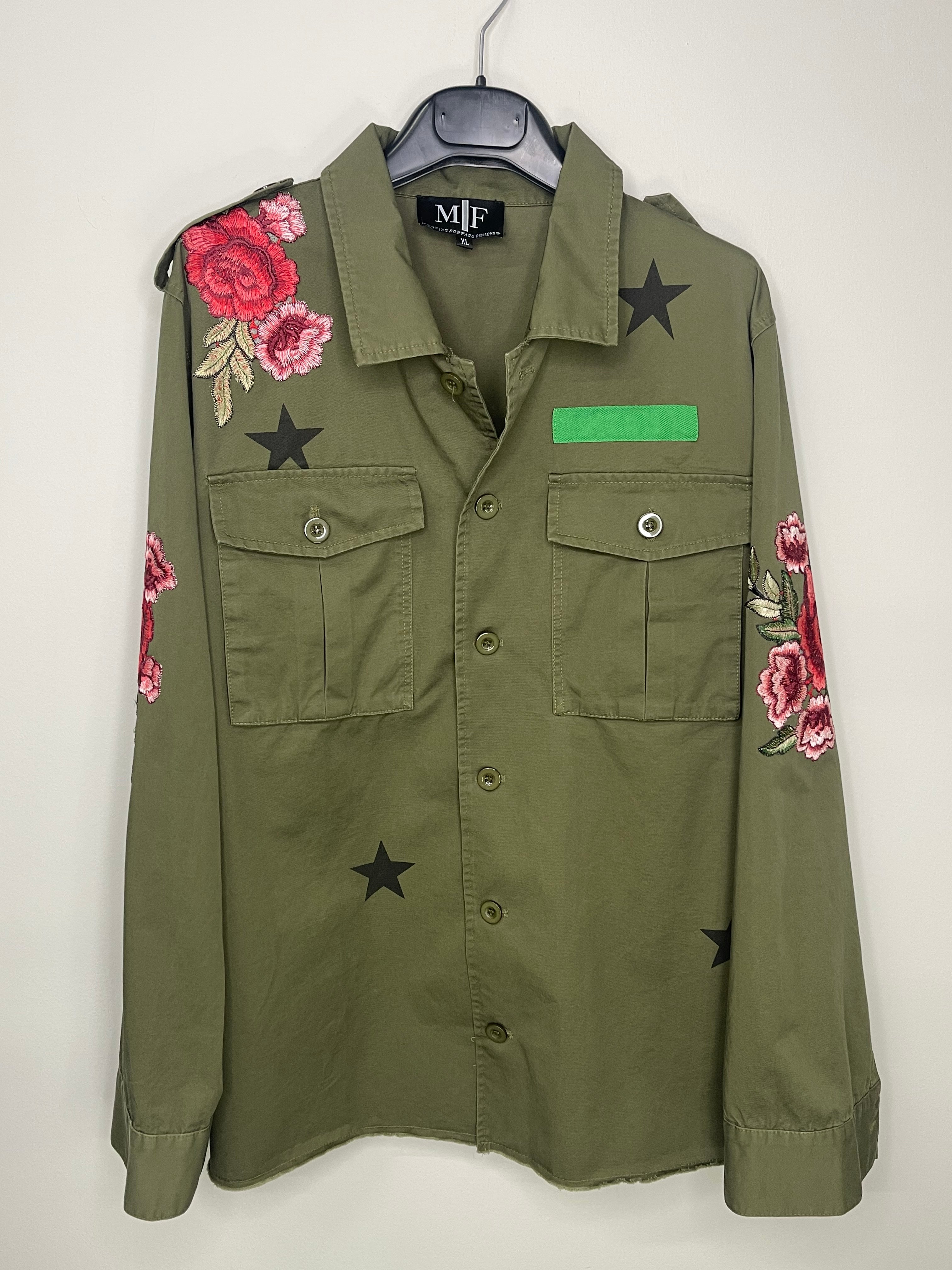 Pink Flowers Army Green Shacket