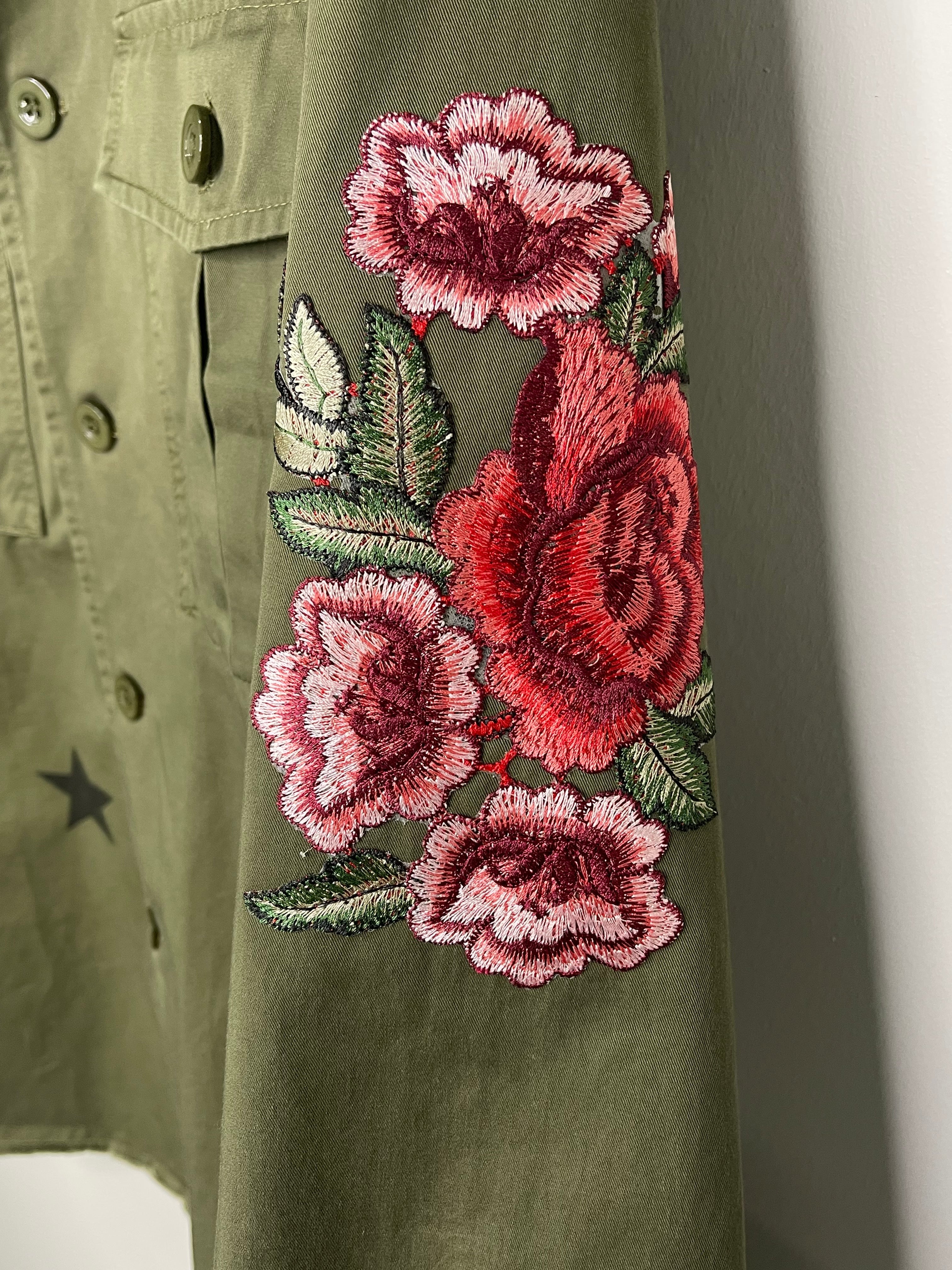 Pink Flowers Army Green Shacket
