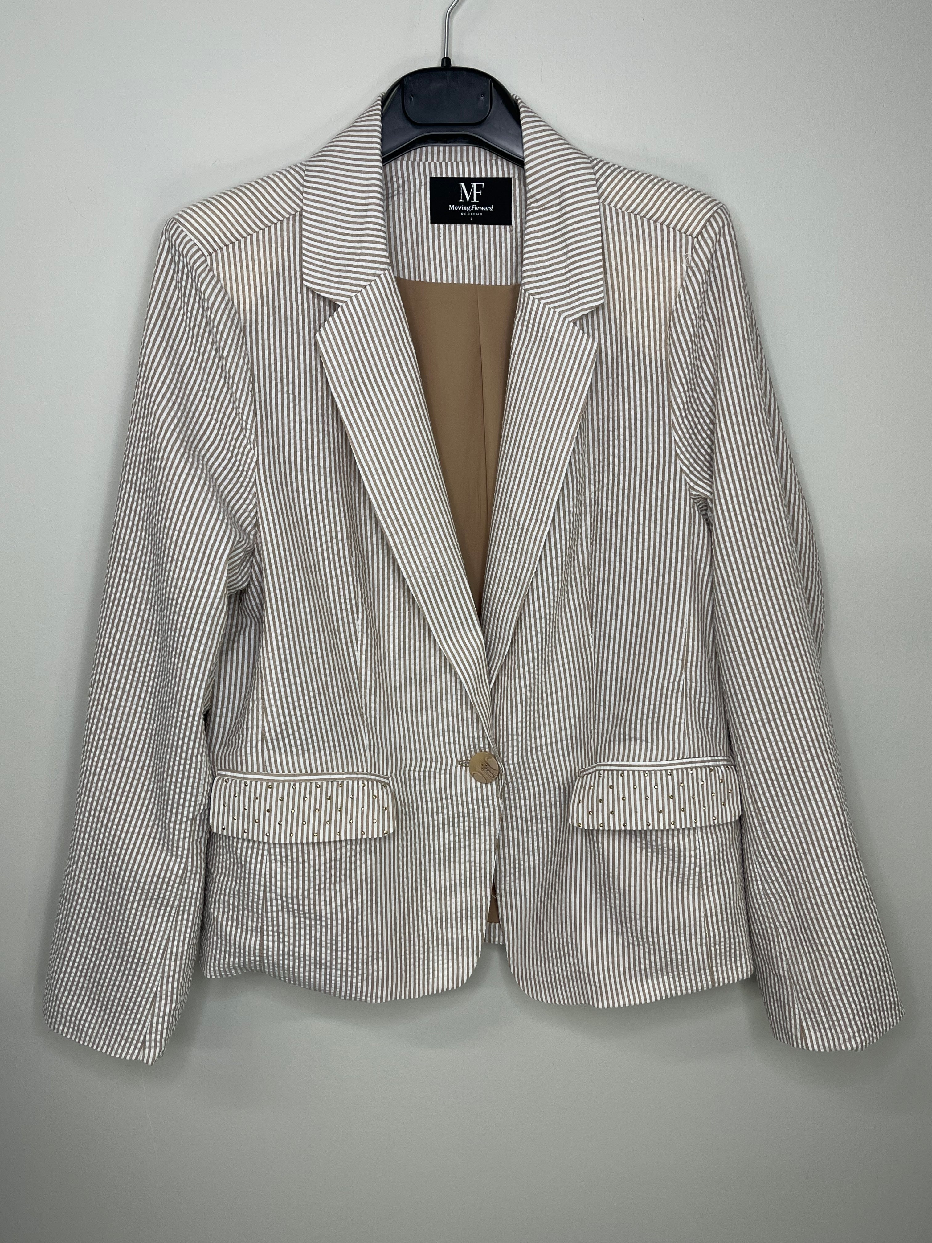 Pink Hamsa on Tan Seersucker Blazer