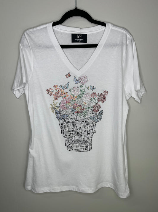 T-Shirt, Short Sleeve V-Neck White, Skull Flowers