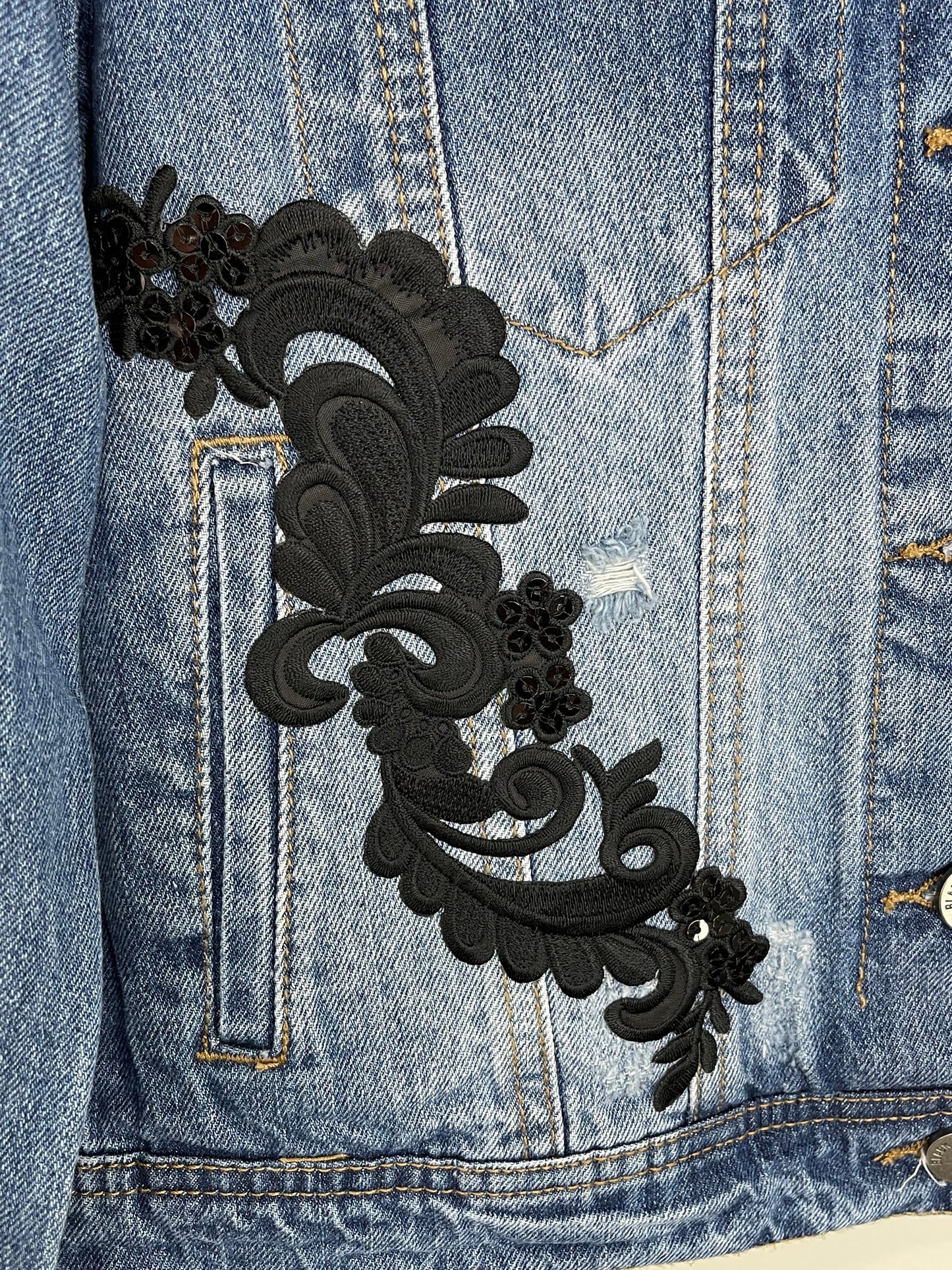 Jacket, Blue Denim, Black Floral Design