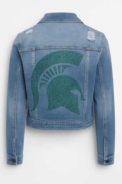 Licensed Game Day Jacket, Blue Denim, Michigan State Spartan Helmet w/ Spartan