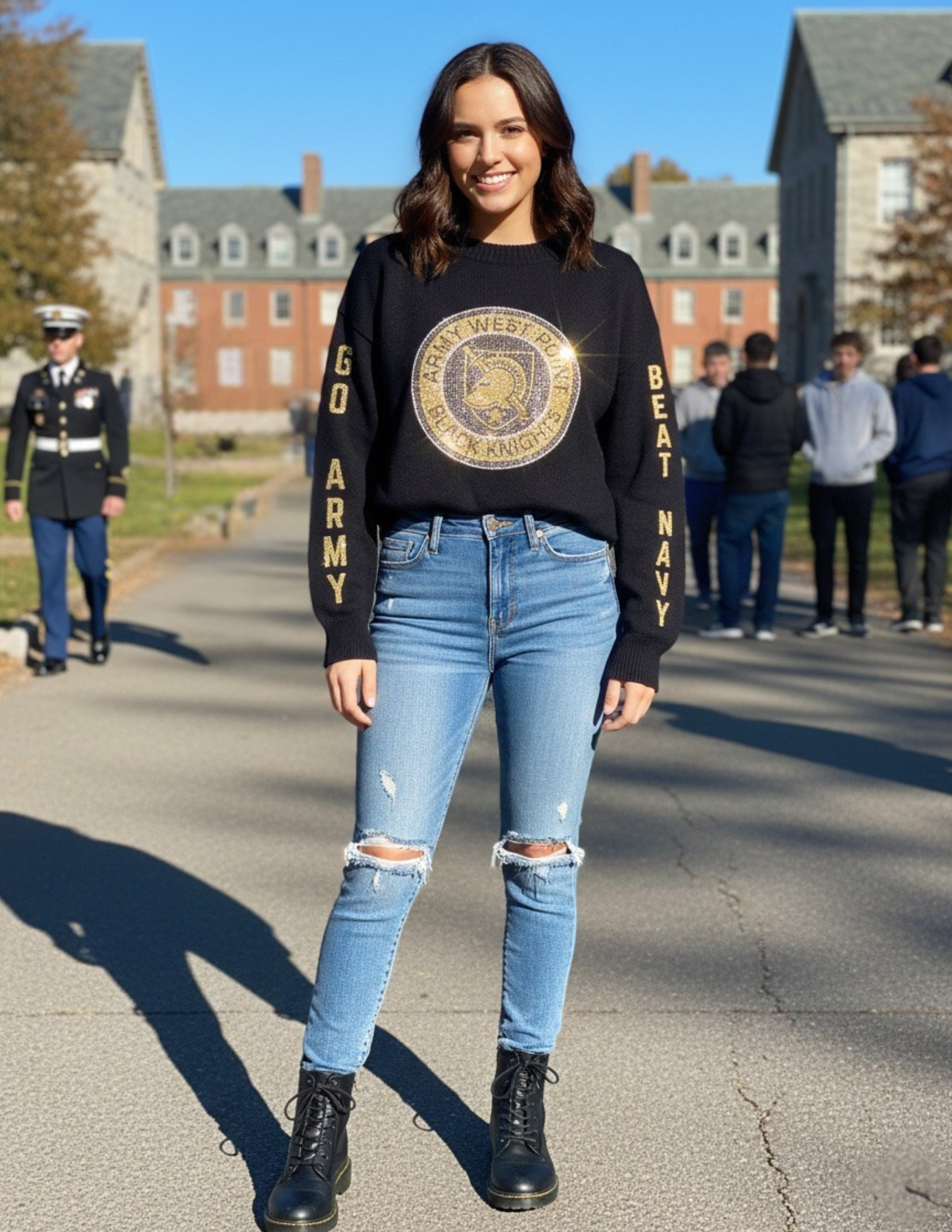 Army West Point Circle Athena Shield Go Army Beat Navy Black Crewneck Sweater