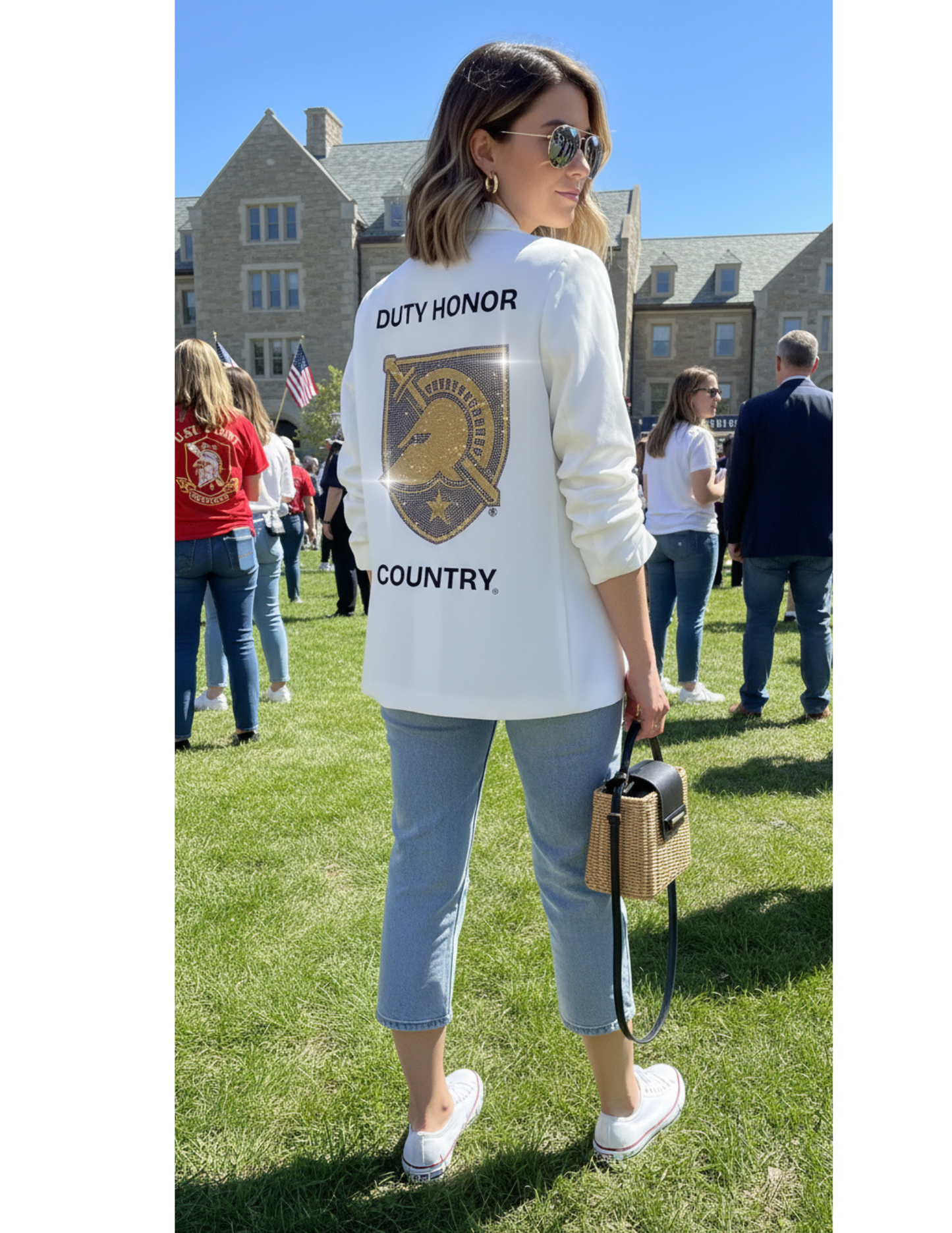 Game Day Blazer, White Ruched, Army West Point Duty Honor Country Athena Shield