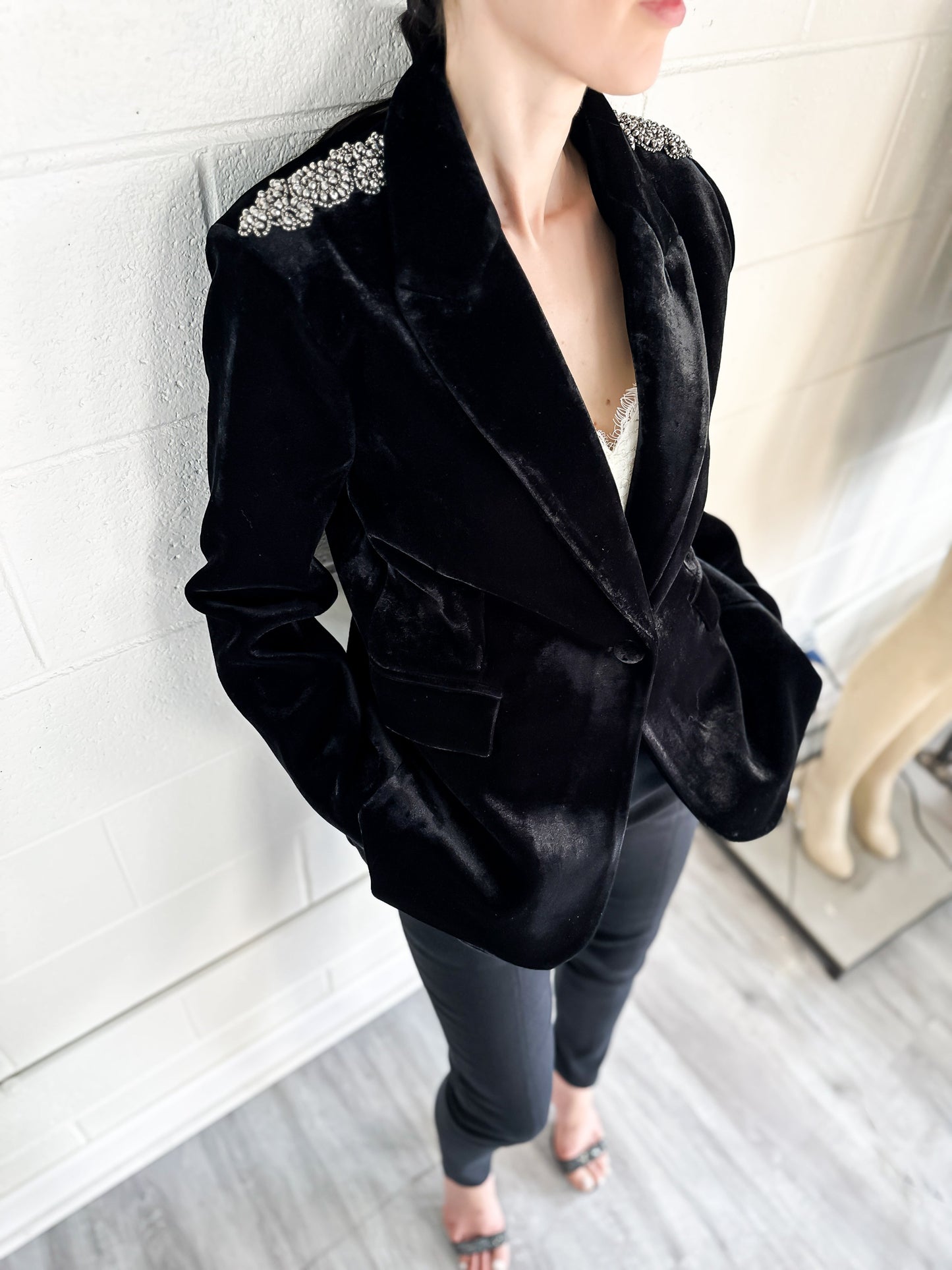 Silver Brooch Black Velvet Blazer