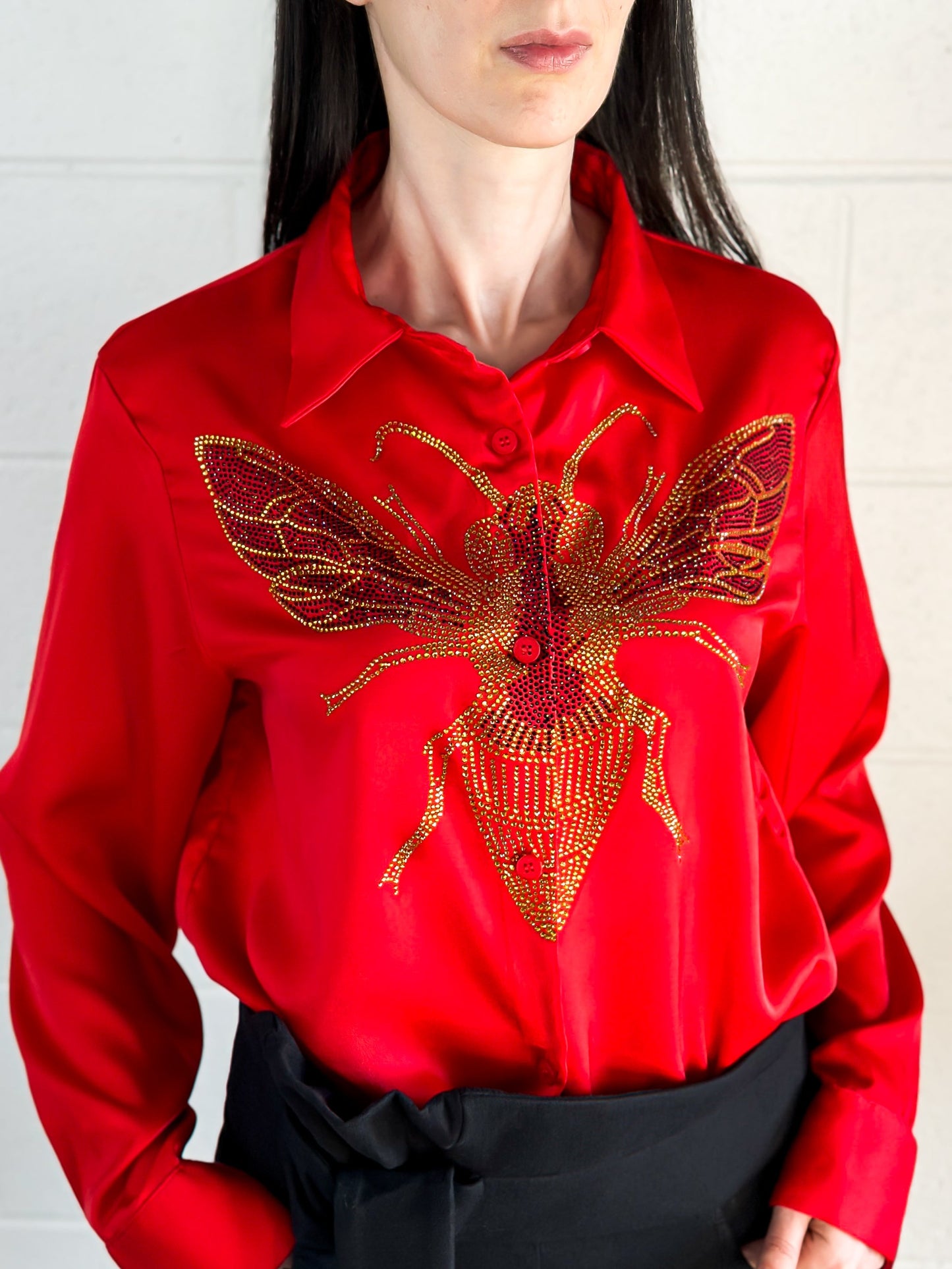 Gold Queen Bee Red Silky Shirt