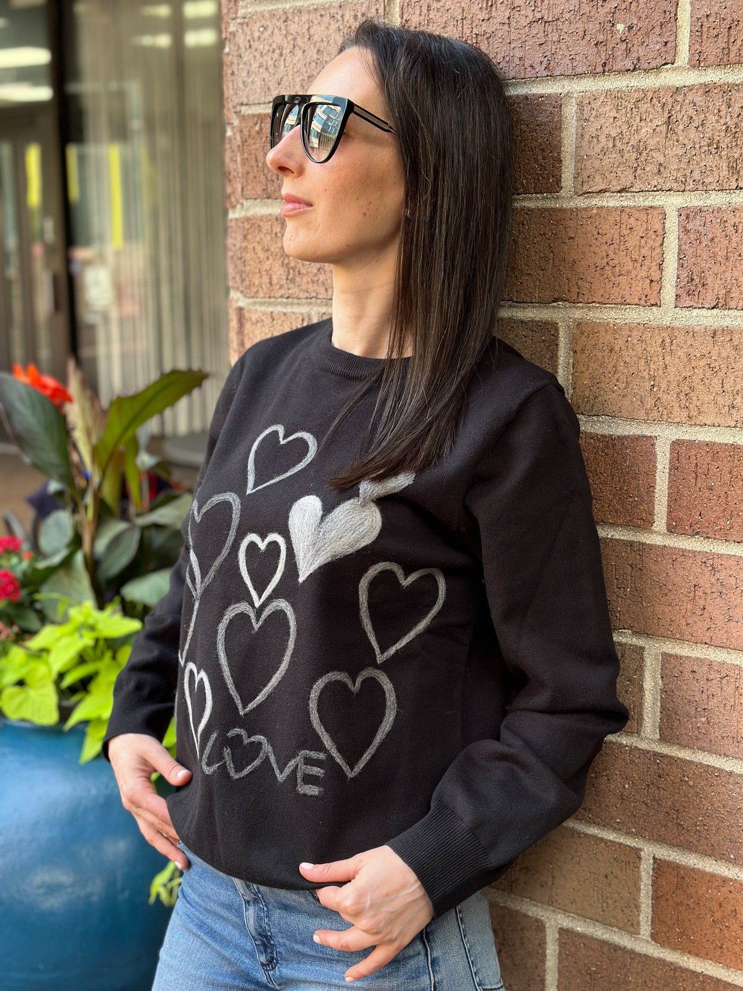 Sweater, Embroidered Hearts, Black & Gray