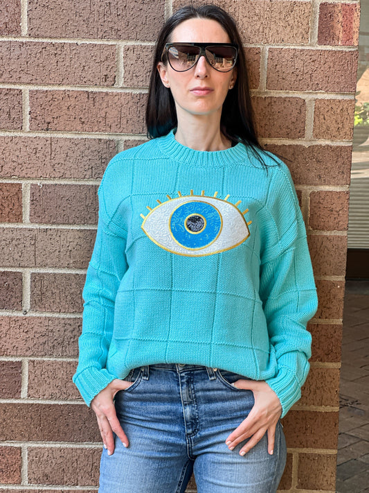 SMALL Sweater, Diamond Stitch Turquoise, Sequin Eye