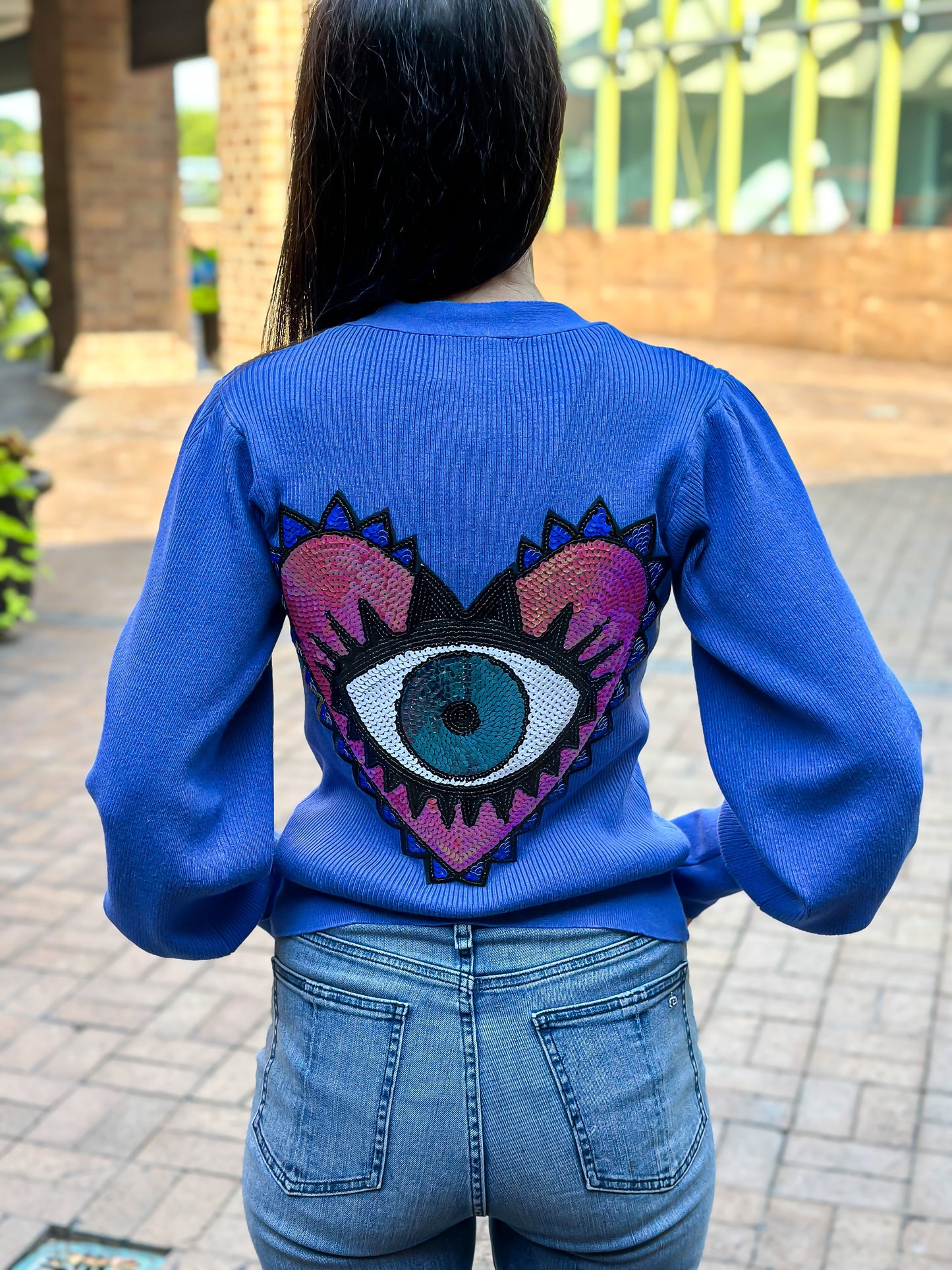 Sequin Heart Eye Blue Puff Shoulder Cardigan
