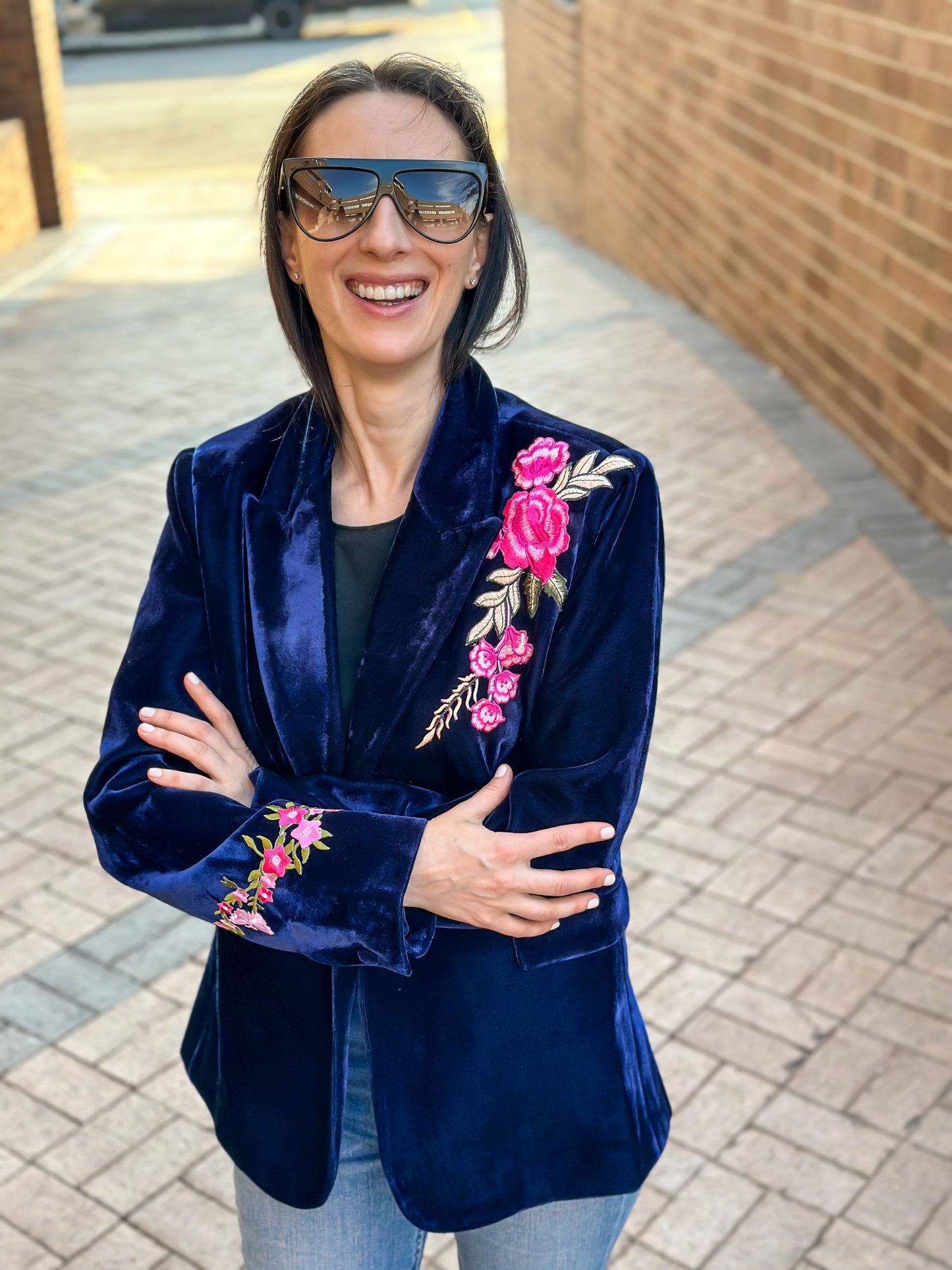 Pink Floral Navy Velvet Blazer