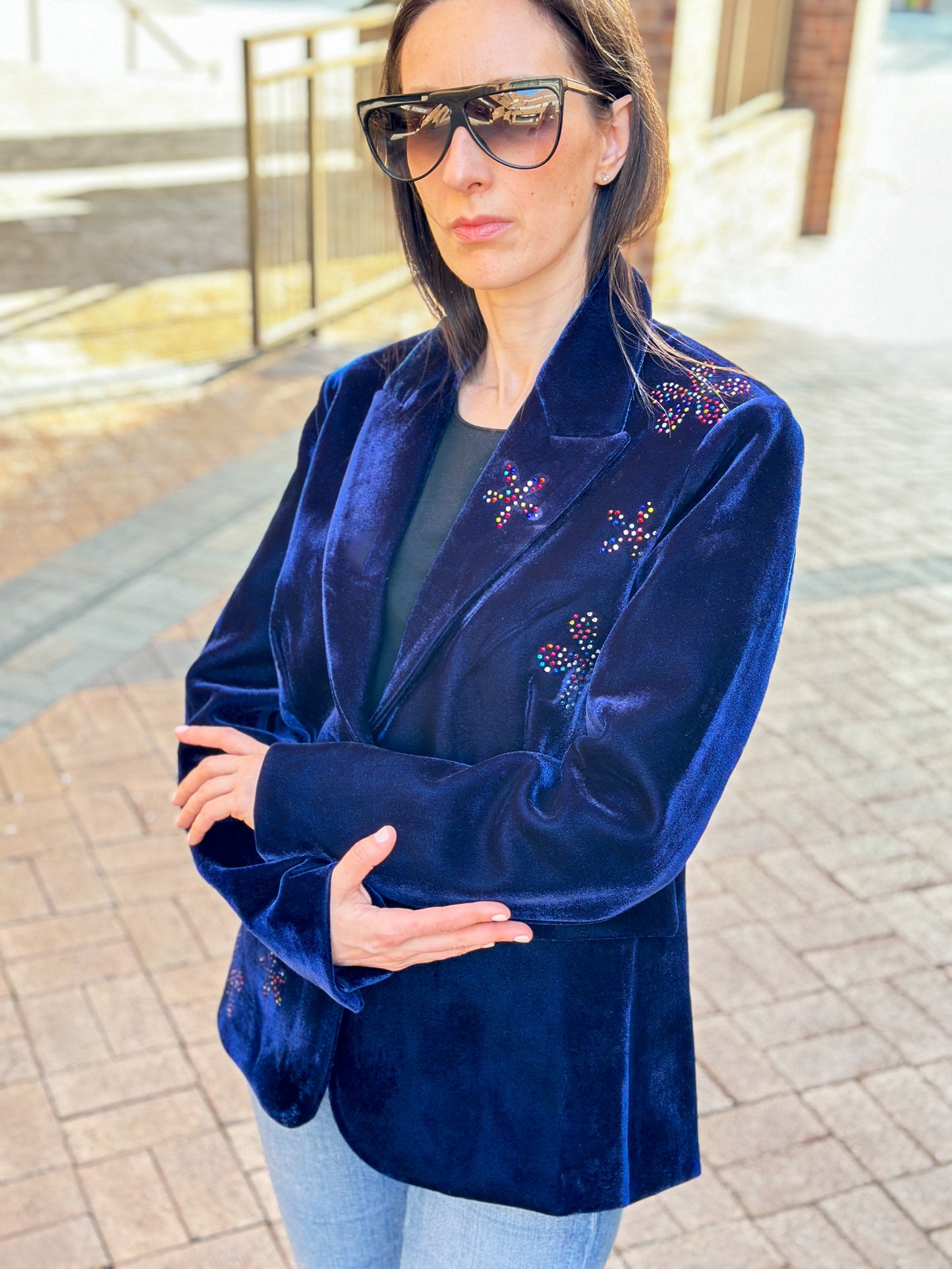 Crystal Flowers Navy Velvet Blazer
