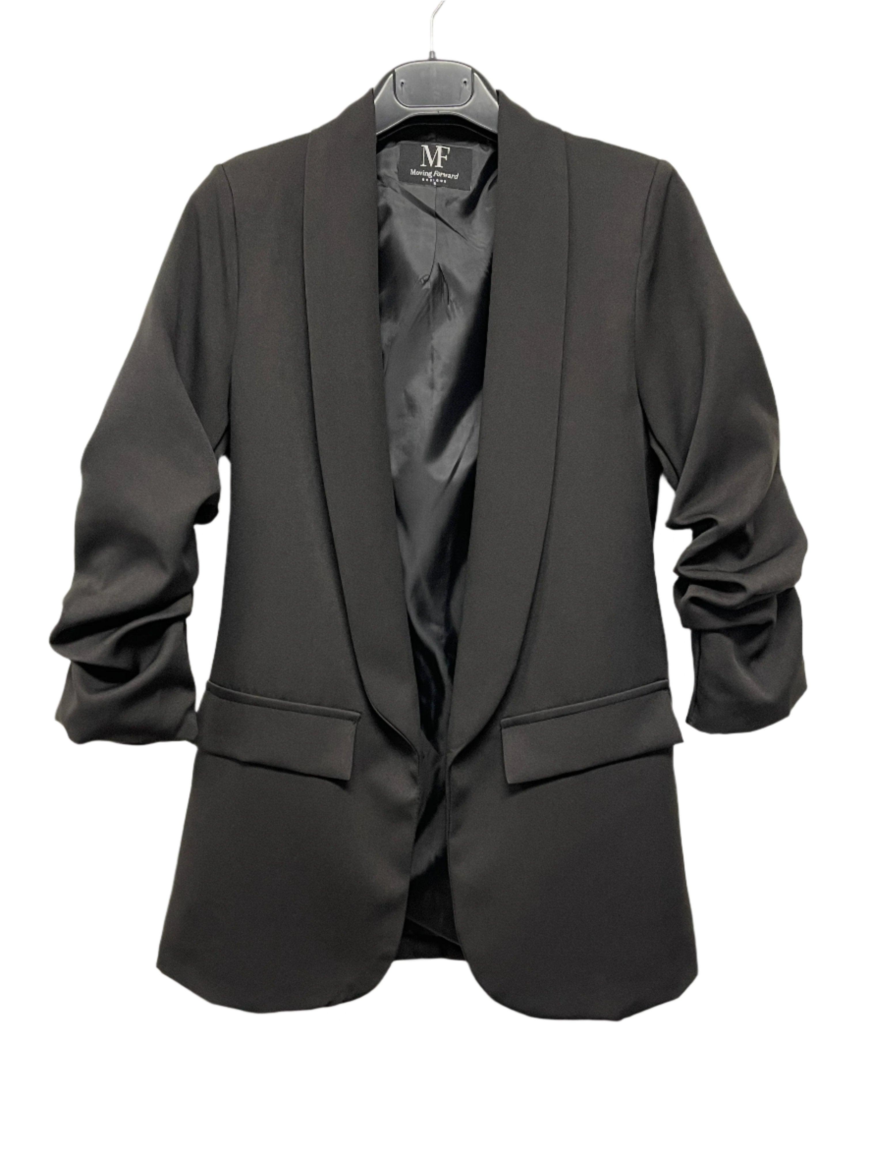Silver Queen Bee on Black Ruched Sleeve Blazer
