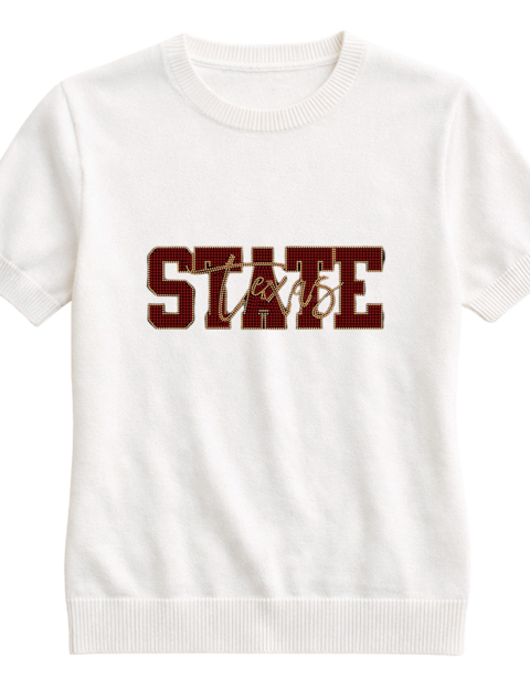 Texas State Script Ivory Crewneck Short Sleeve Sweater