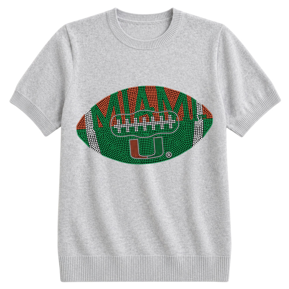 University Of Miami Football Gray Short Sleeve Sweater