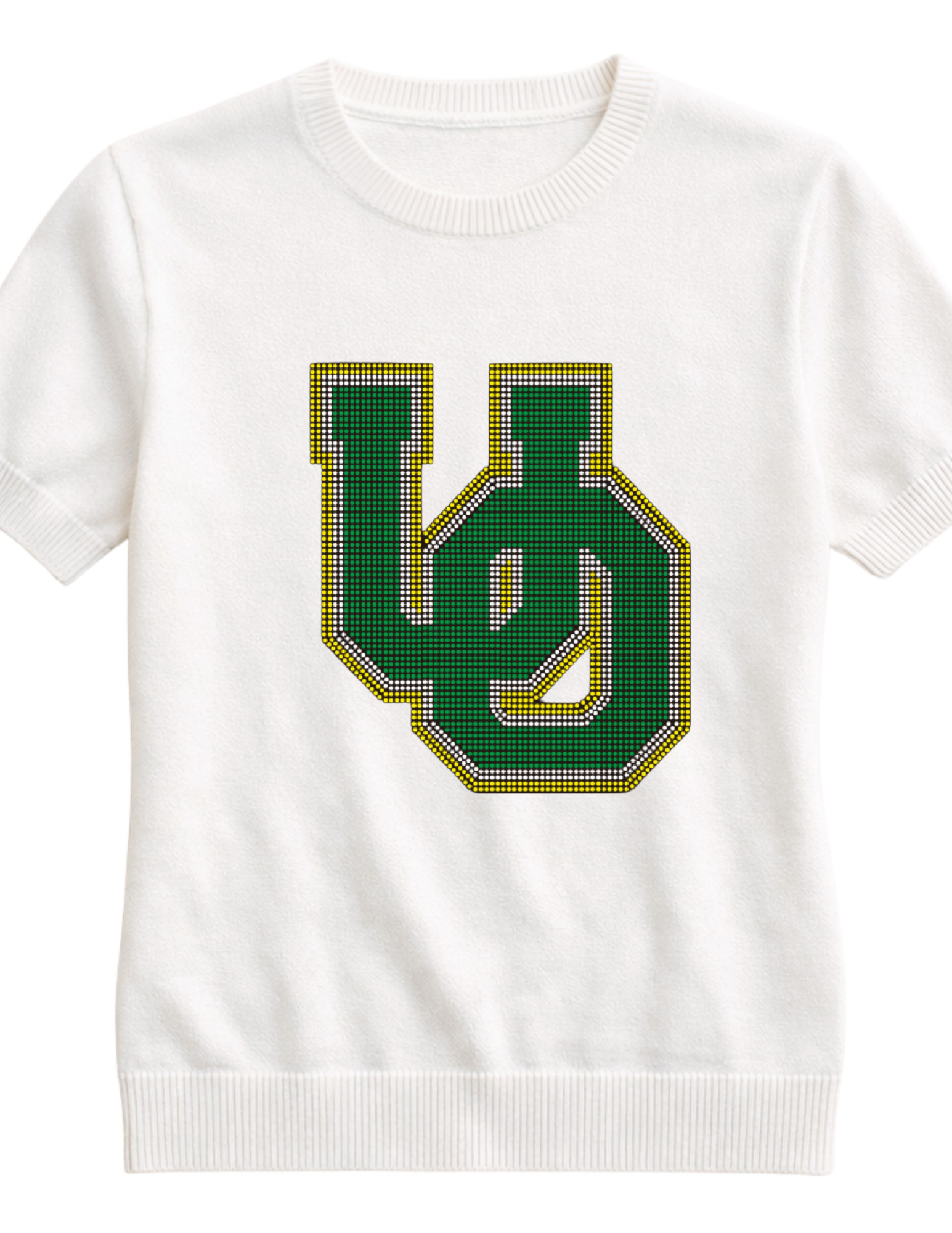 University Of Oregon Large Interlocking UO Ivory Short Sleeve Sweater