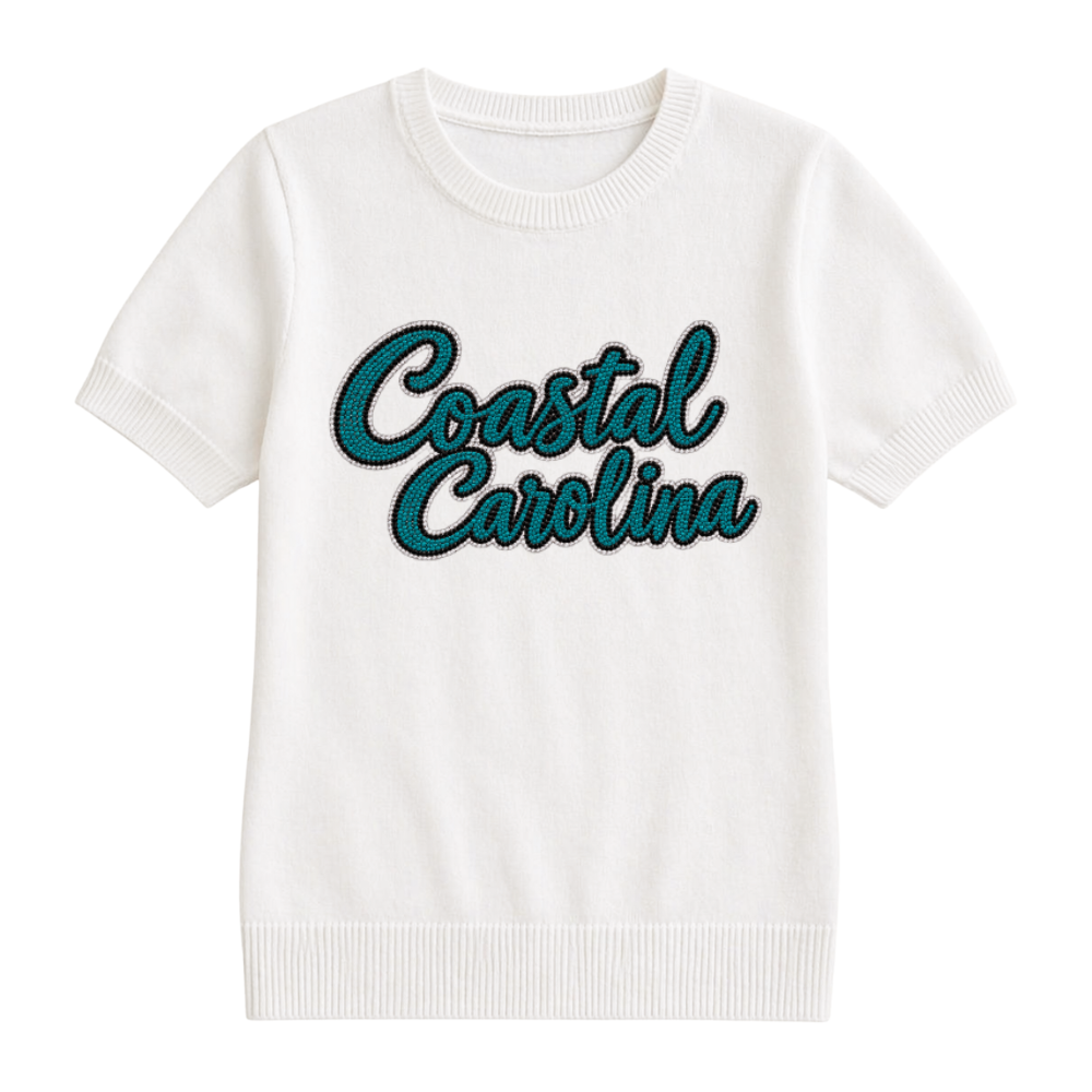 Coastal Carolina Script Ivory Short Sleeve Sweater