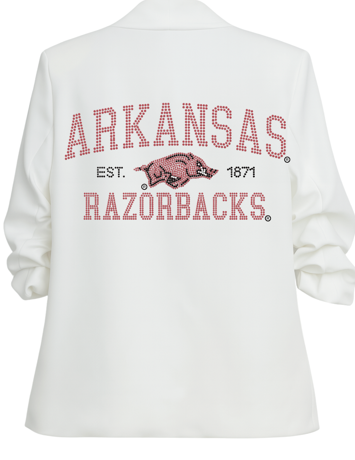 University of Arkansas Razorbacks Est. 1871 White Ruched Sleeve Blazer