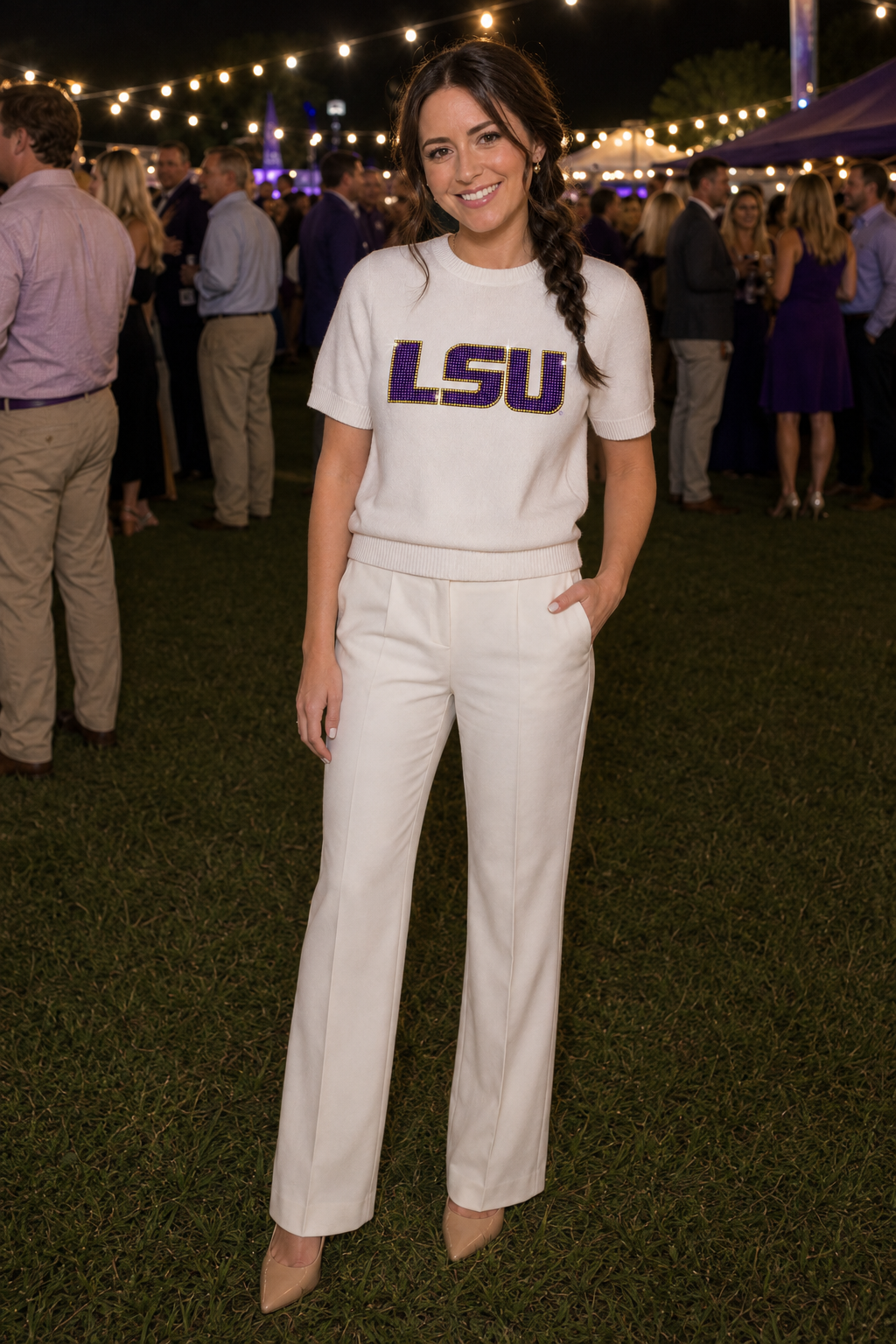 LSU Crystal Block Letters Ivory Crewneck Short Sleeve Sweater