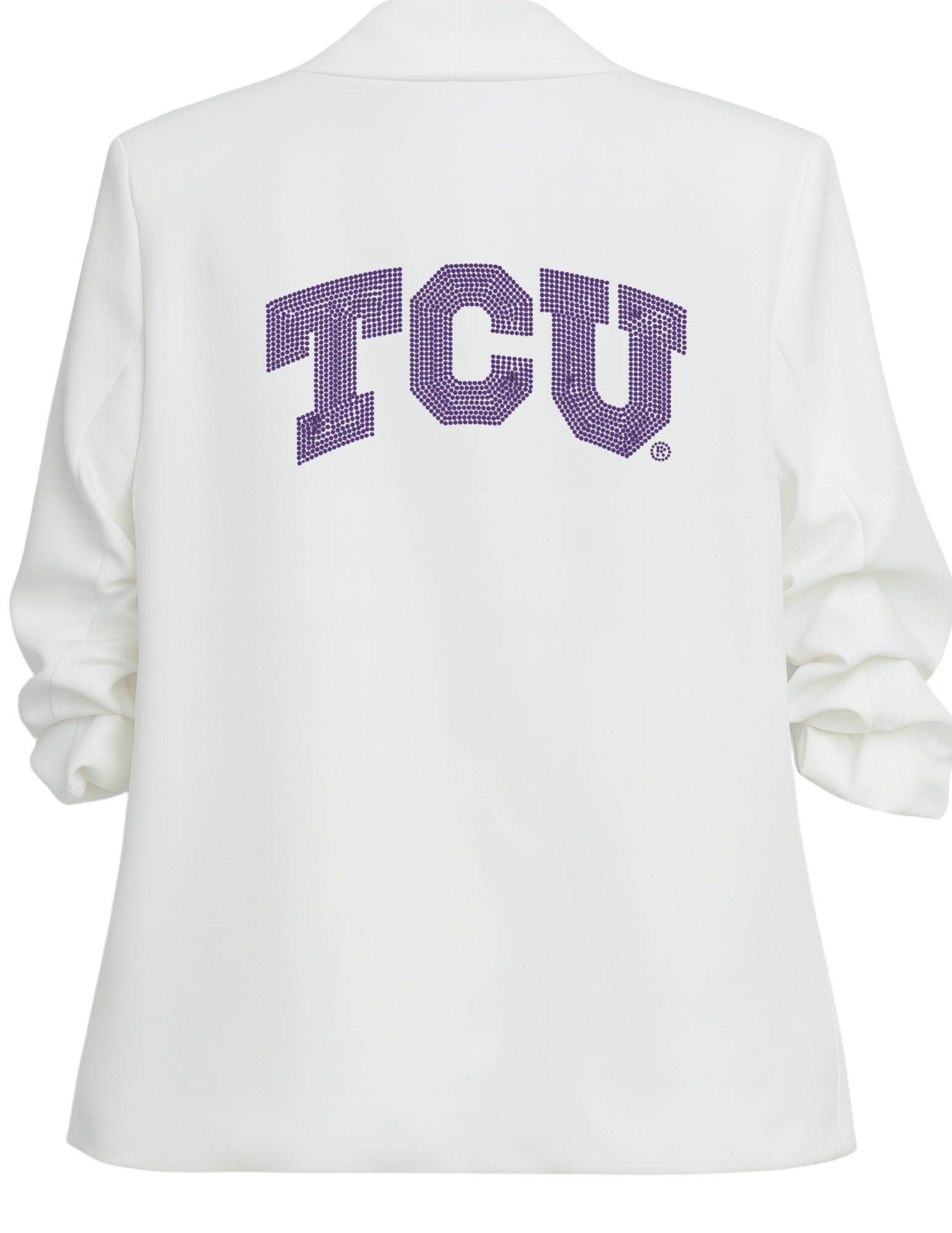 TCU Crystal Block Letters White Ruched Sleeve Blazer