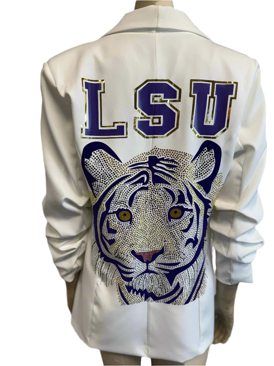 Blazer, Ruched White, Purple Tiger