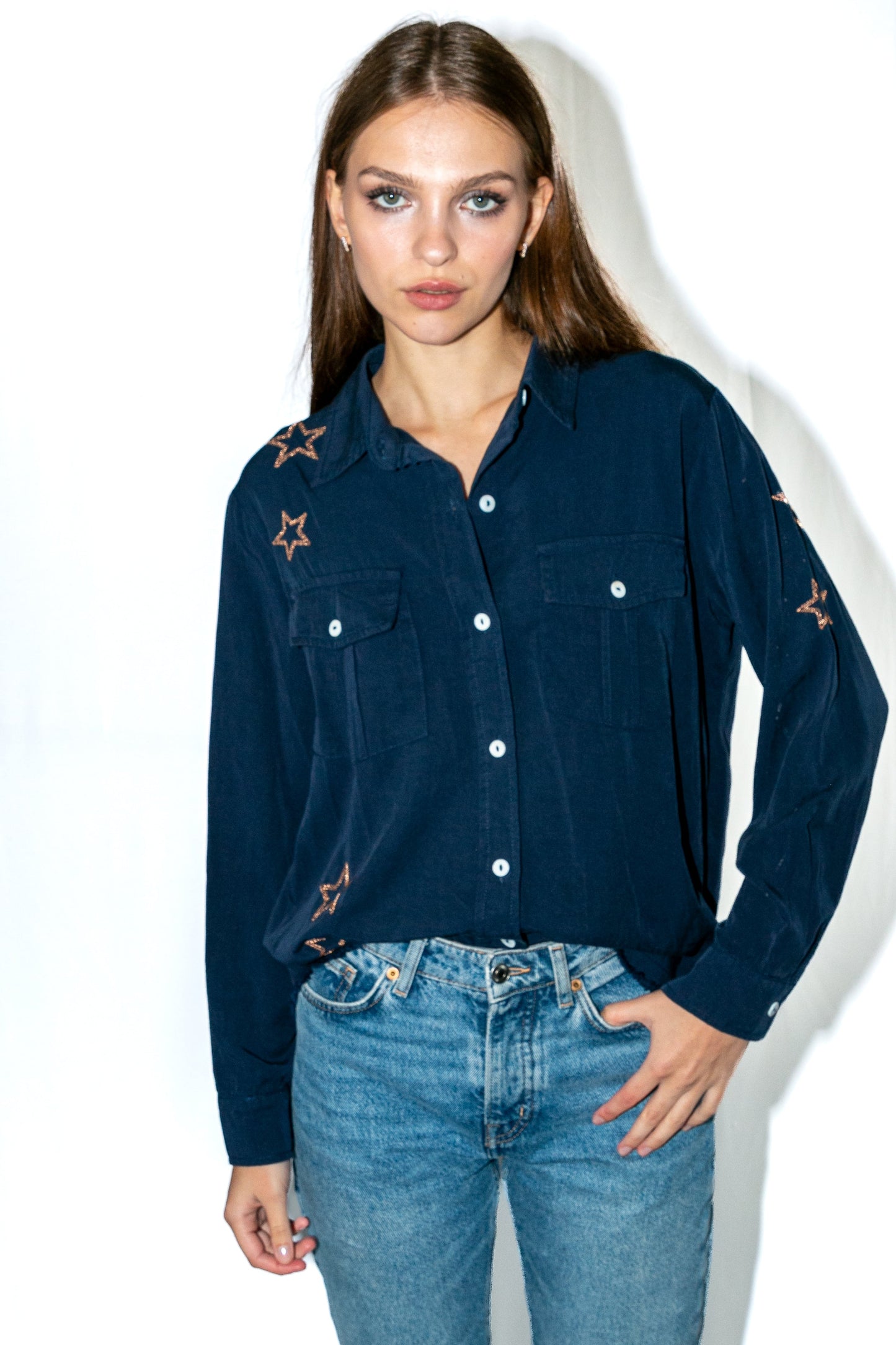 Shirt, Embroidered Star Navy, Champagne Star
