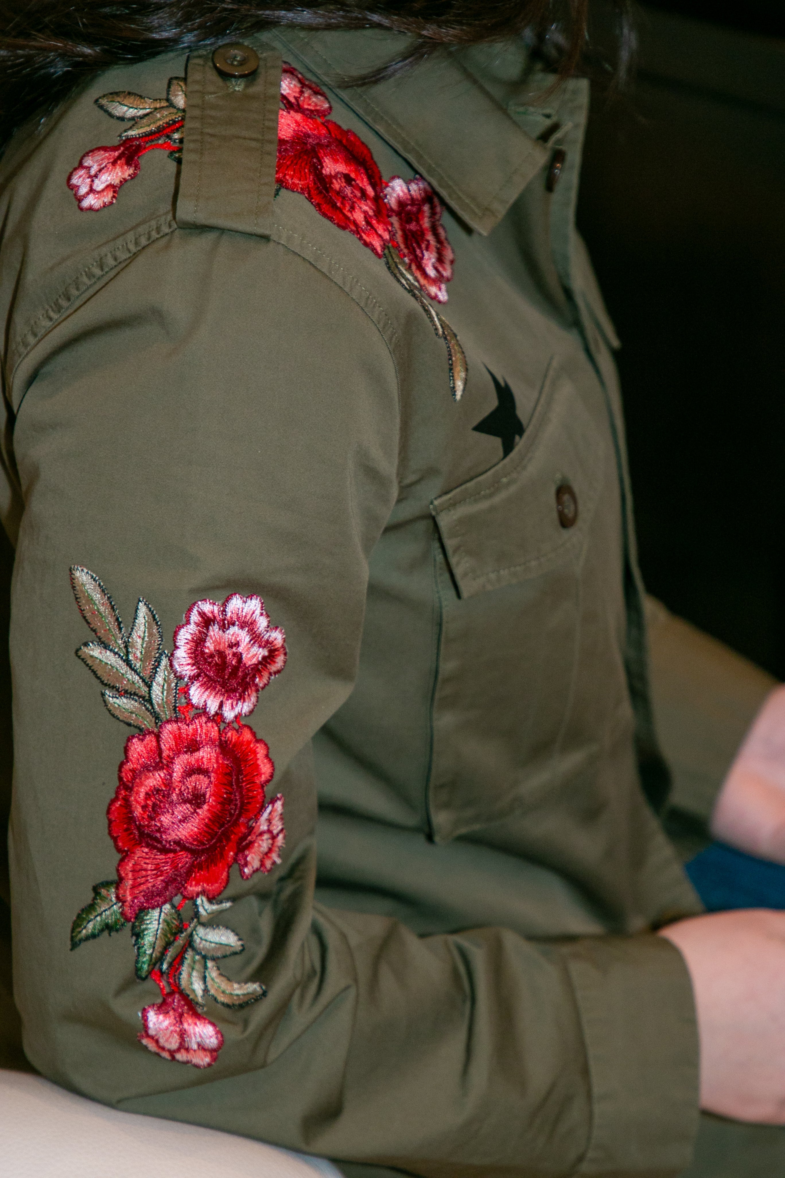 Pink Flowers Army Green Shacket