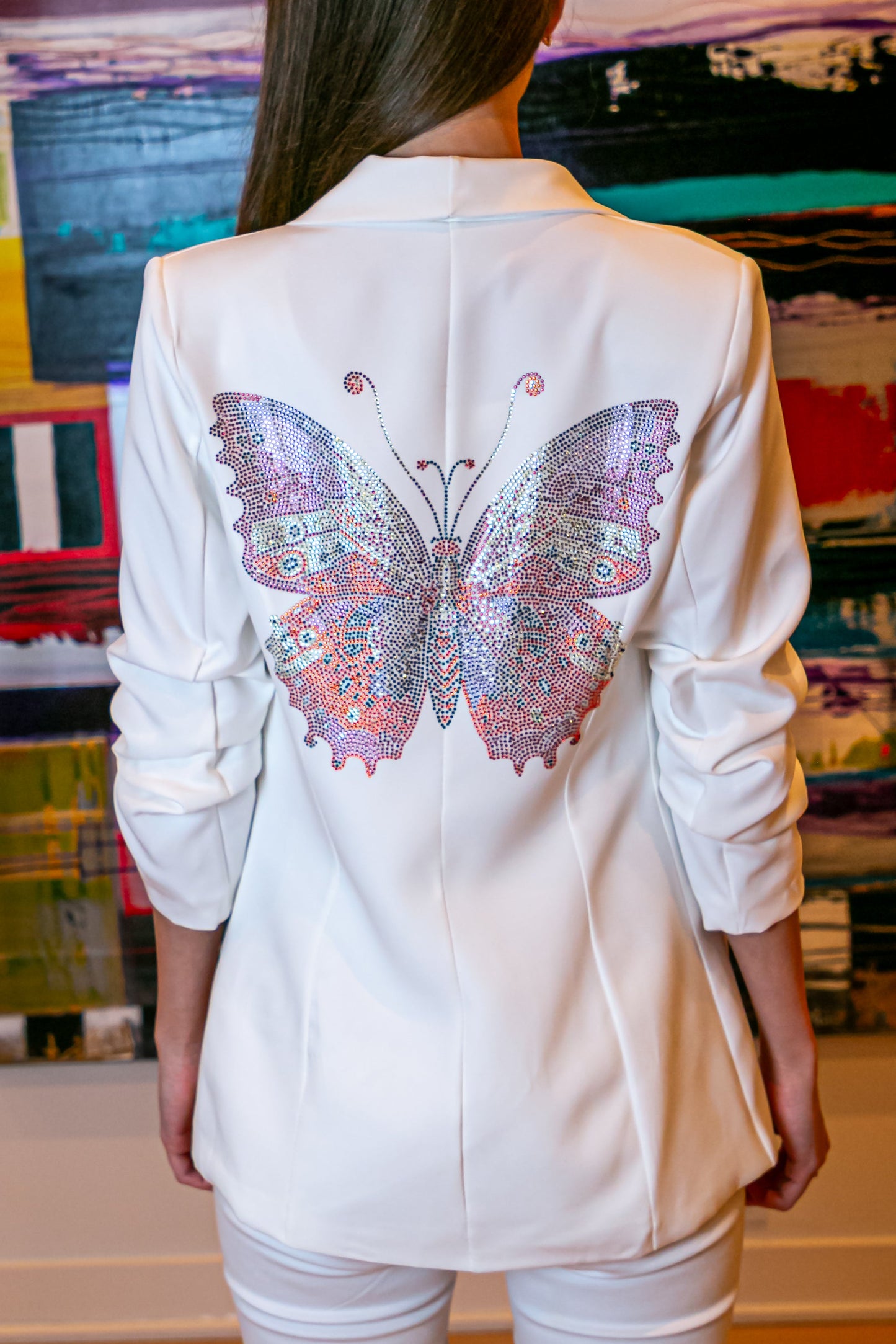 Blazer, Ruched White, Butterfly and Waterfall Pockets