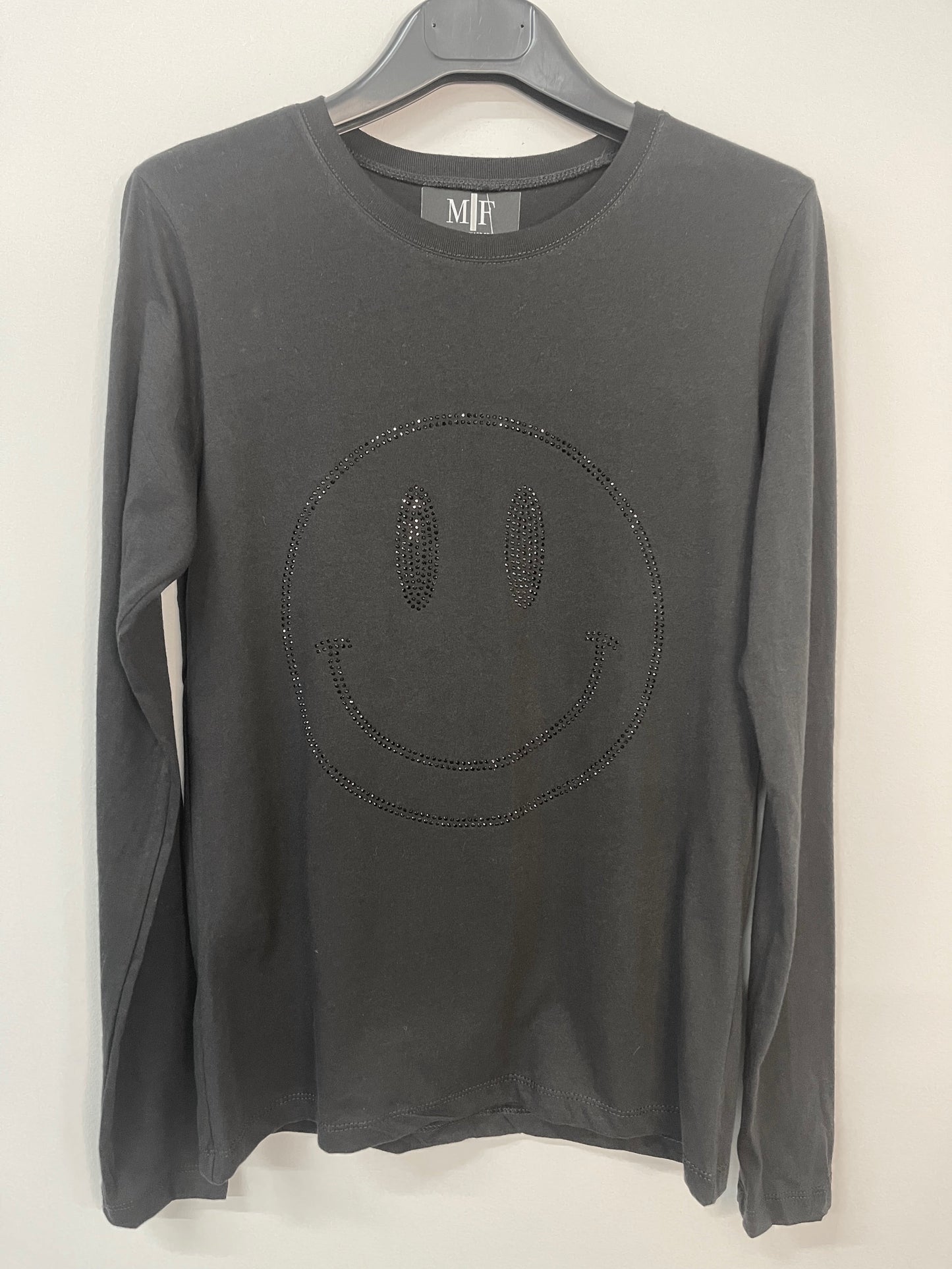 T-Shirt, Long Sleeve Black, Black Crystal Smiley