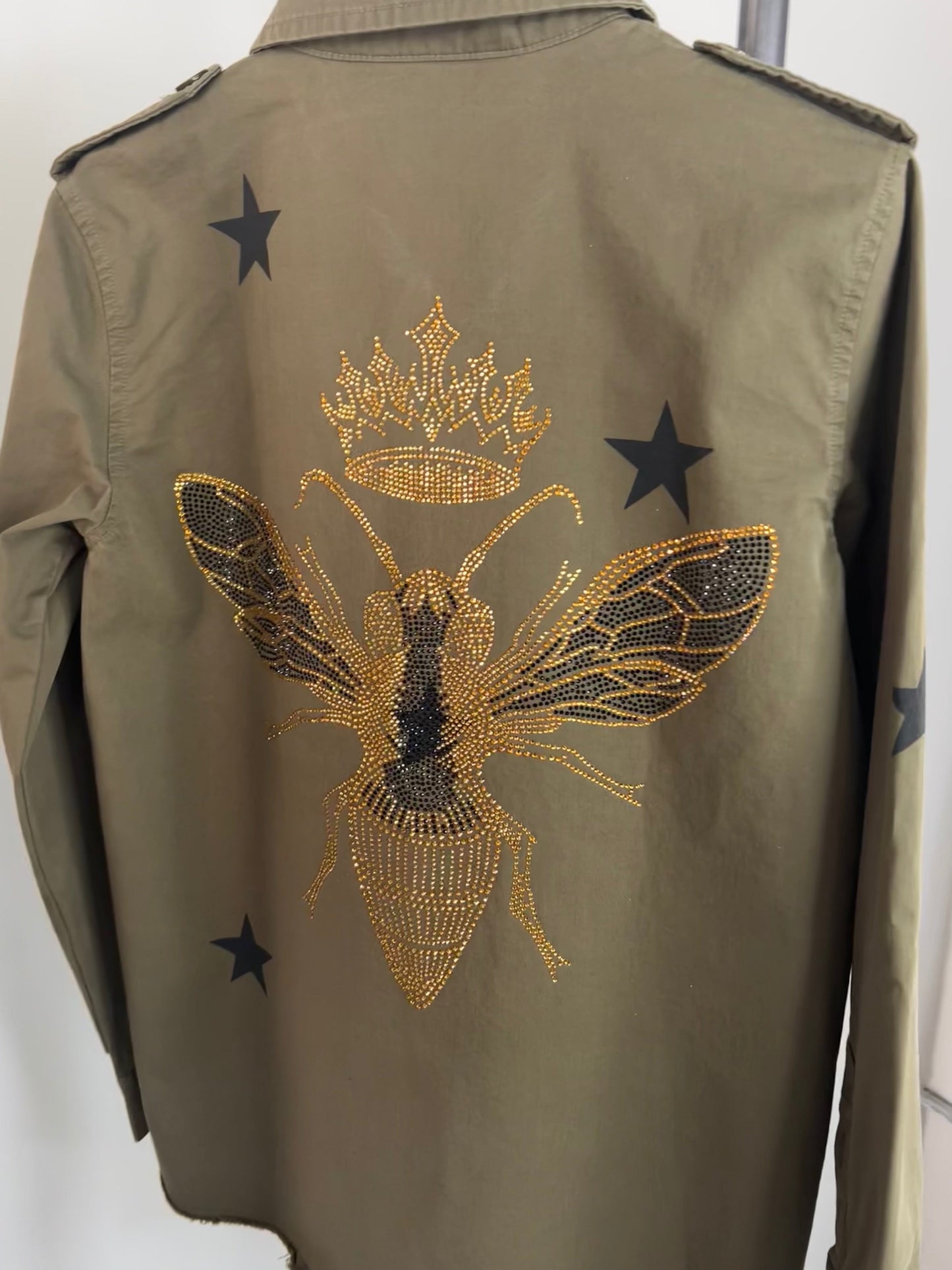 Shacket, Army Green NOT Cropped, Gold Queen Bee