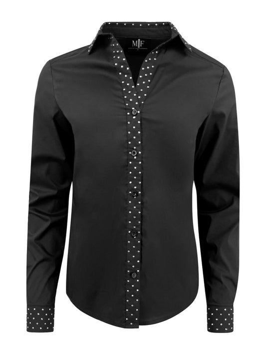 Shirt, Button Down, Black, Crystal Collar & Cuff