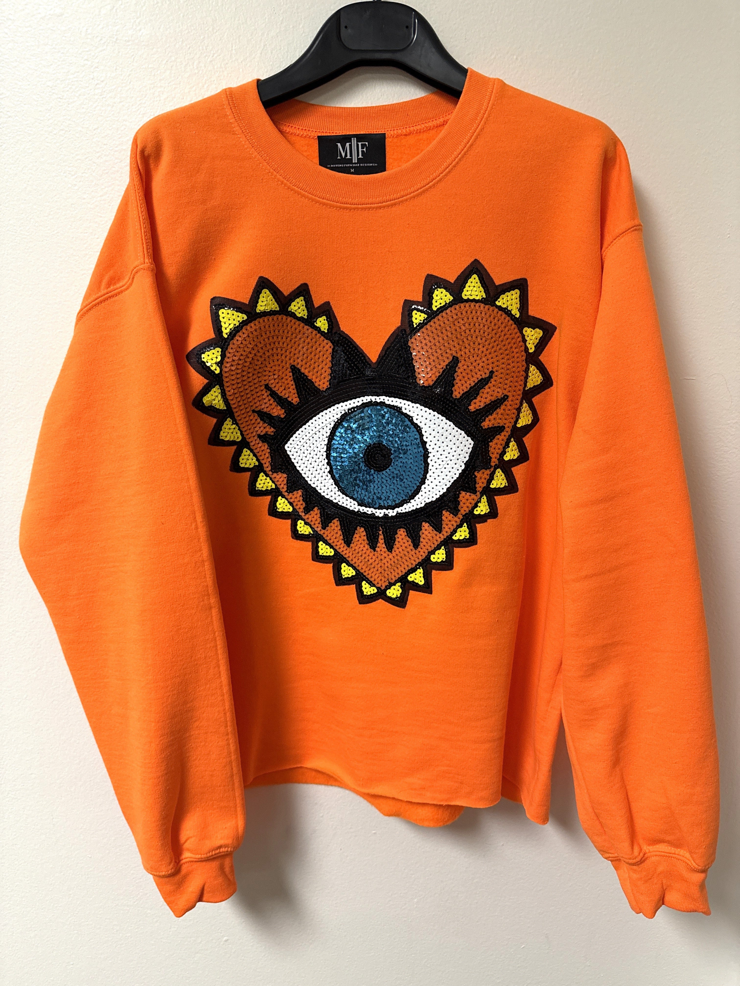 Sequin Orange Heart Eye Neon Orange Sweatshirt