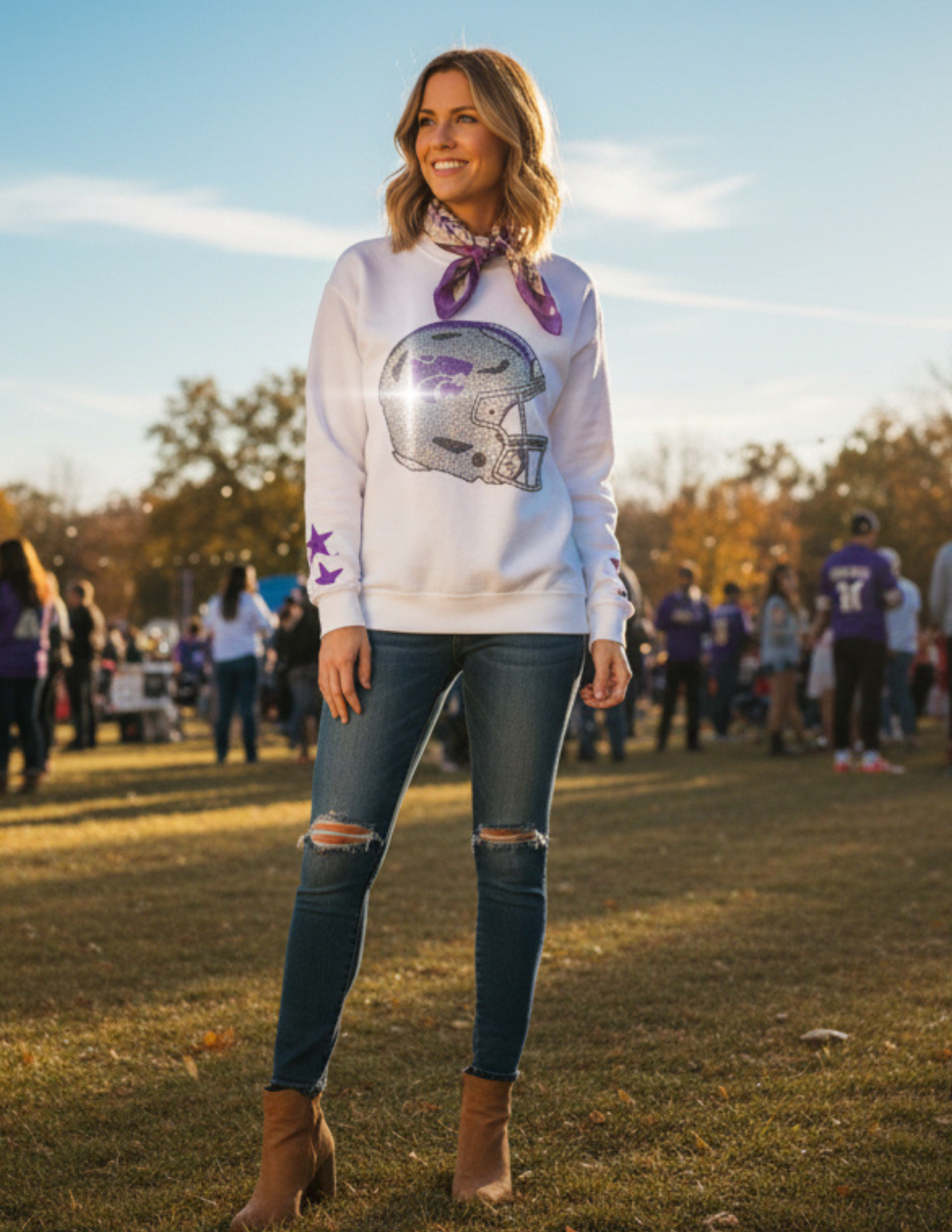 Kansas State Wildcats Helmet & Stars White Sweatshirt