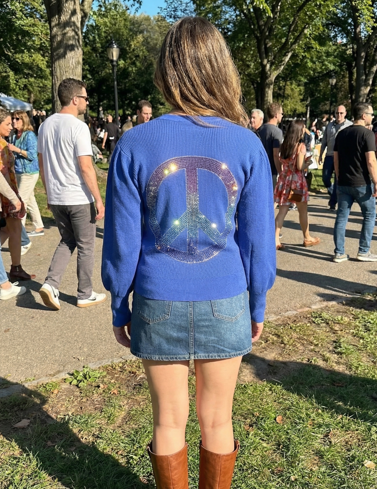 Peace Sign Blue Puff Sleeve Cardigan Sweater